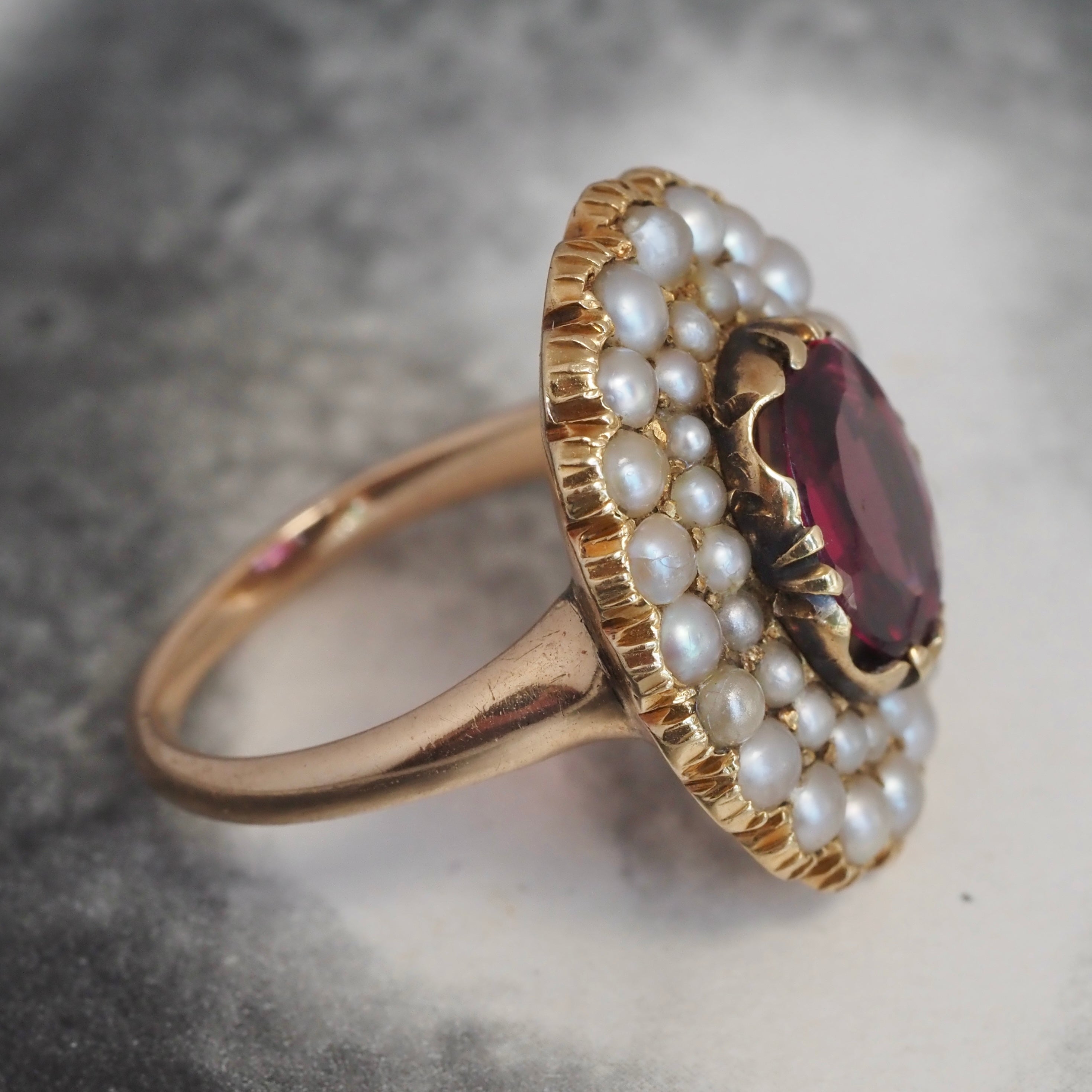 Antique English Late Georgian 14k Gold Rhodolite Garnet and Seed Pearl Double Halo Ring