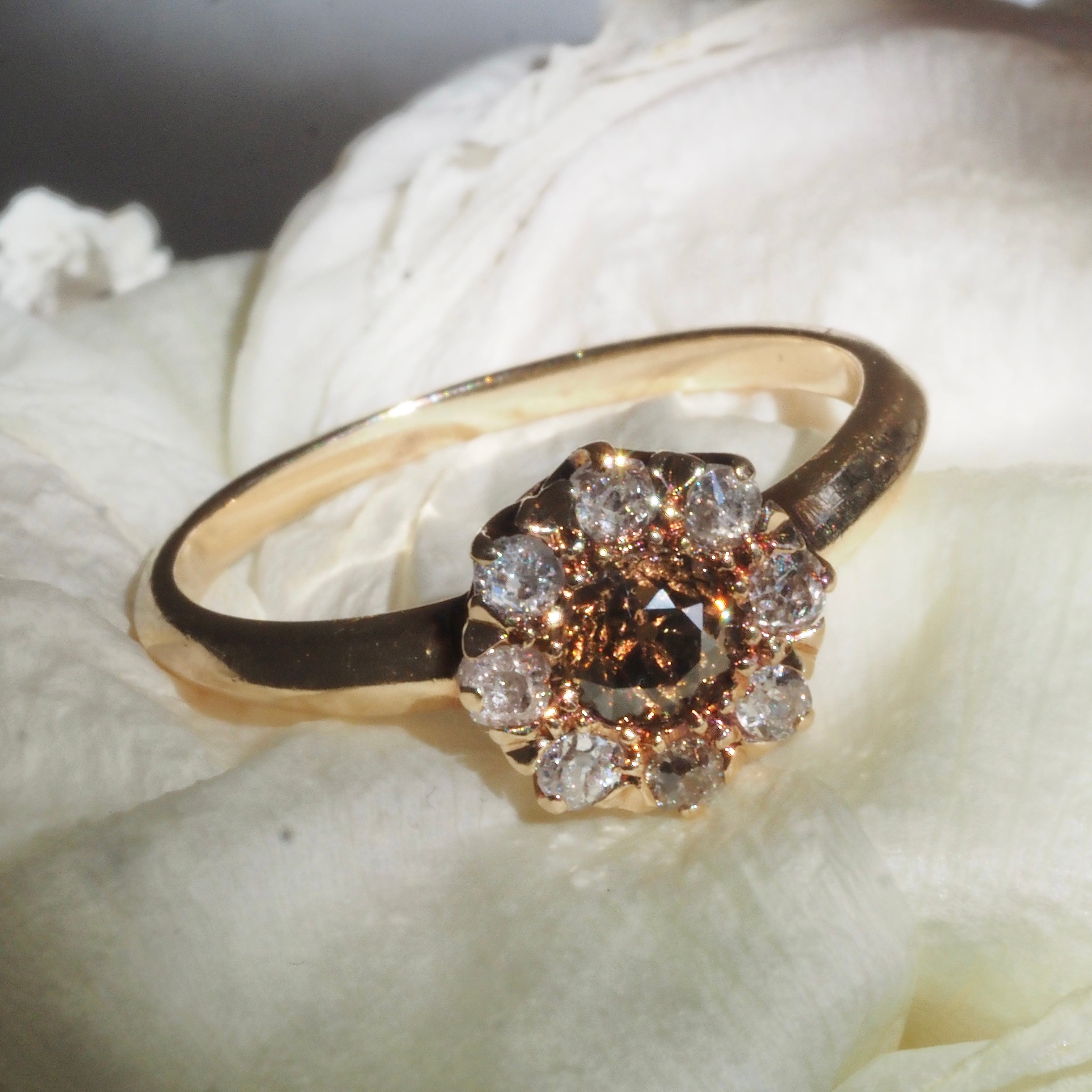 Antique Edwardian Brown Old European Cut Diamond Halo Cluster 14k Gold Engagement Ring