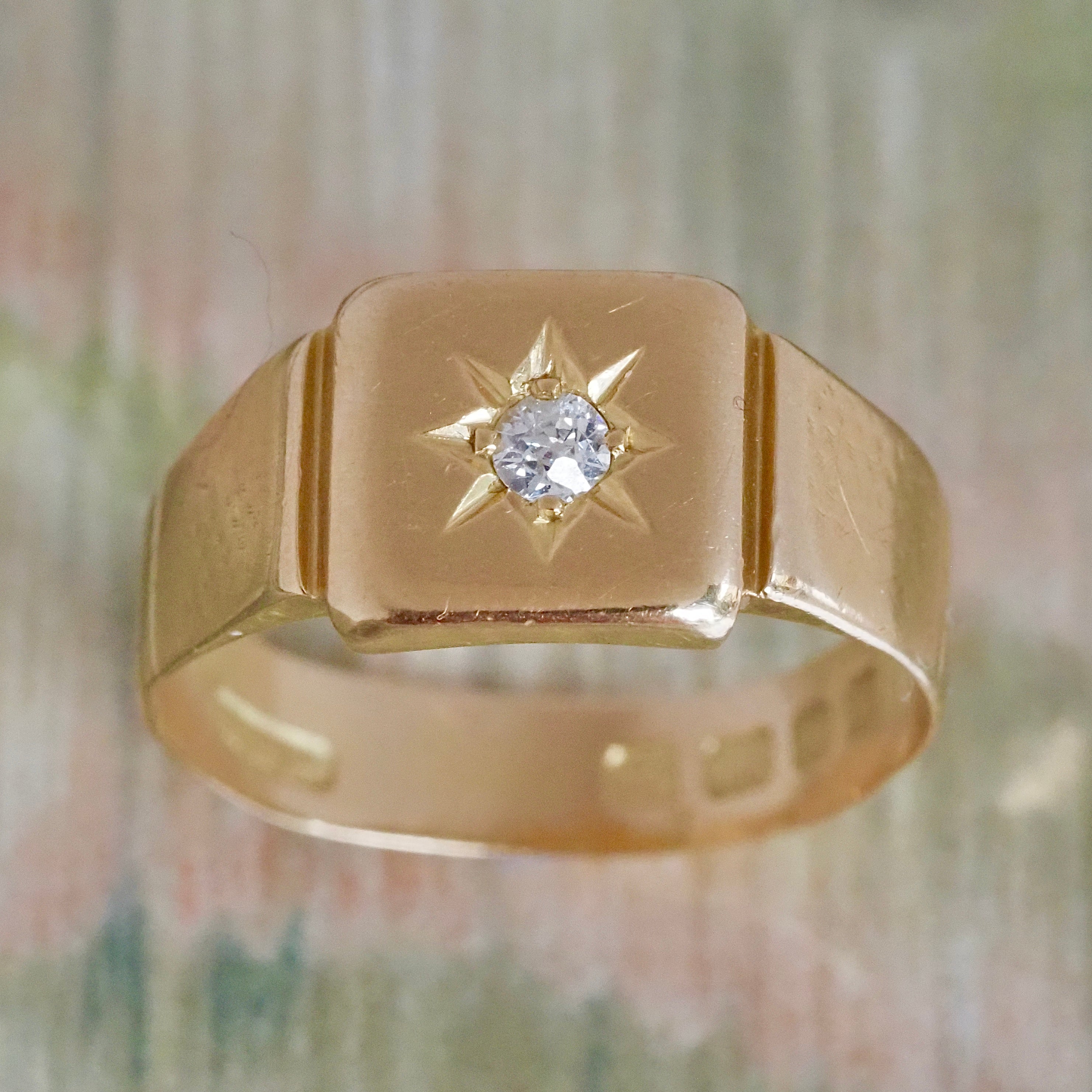 English c. 1933 18k Gold Flush Set Old Mine Cut Diamond Signet Ring