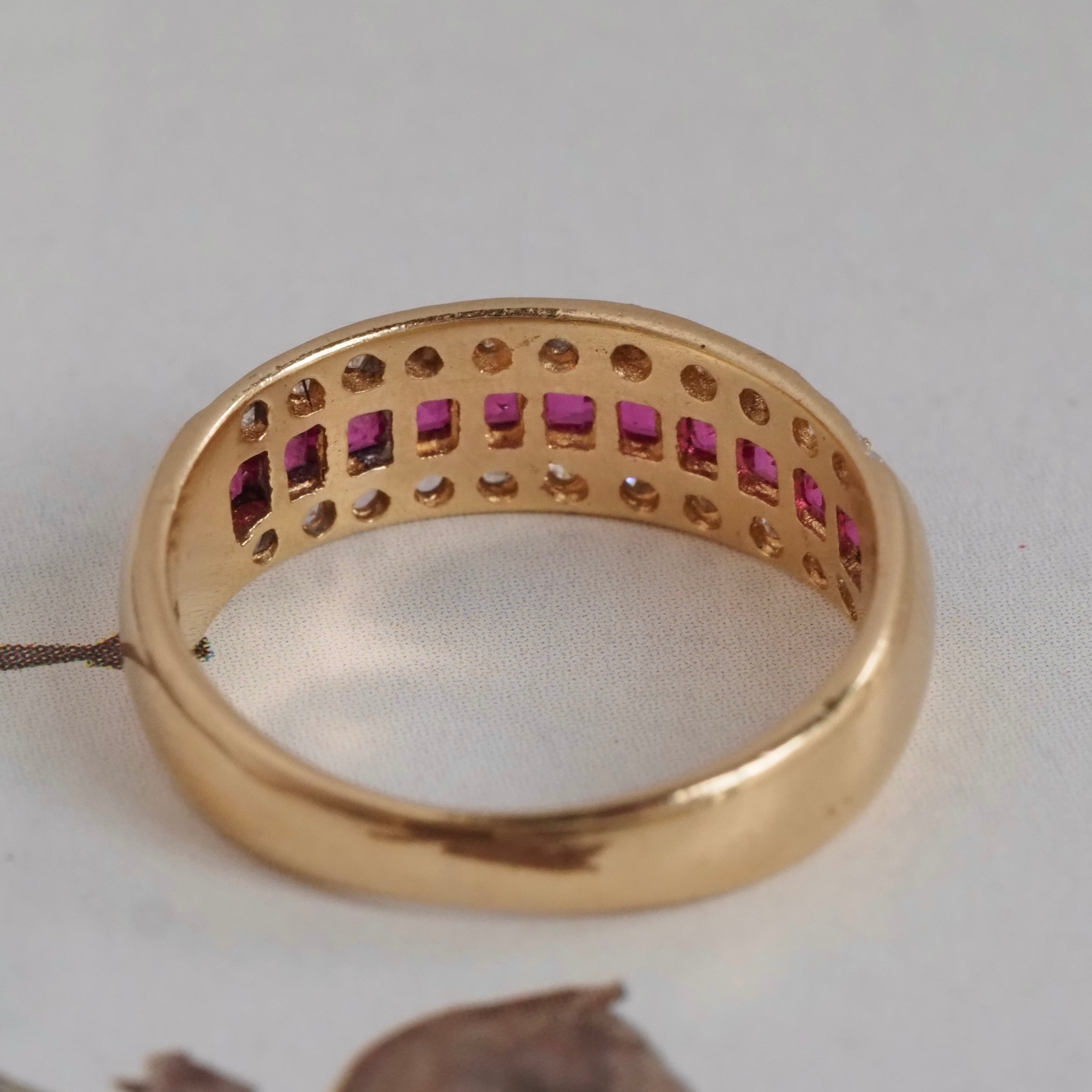 Vintage Channel Set Natural Princess Cut Ruby and Diamond 14k Gold Ring