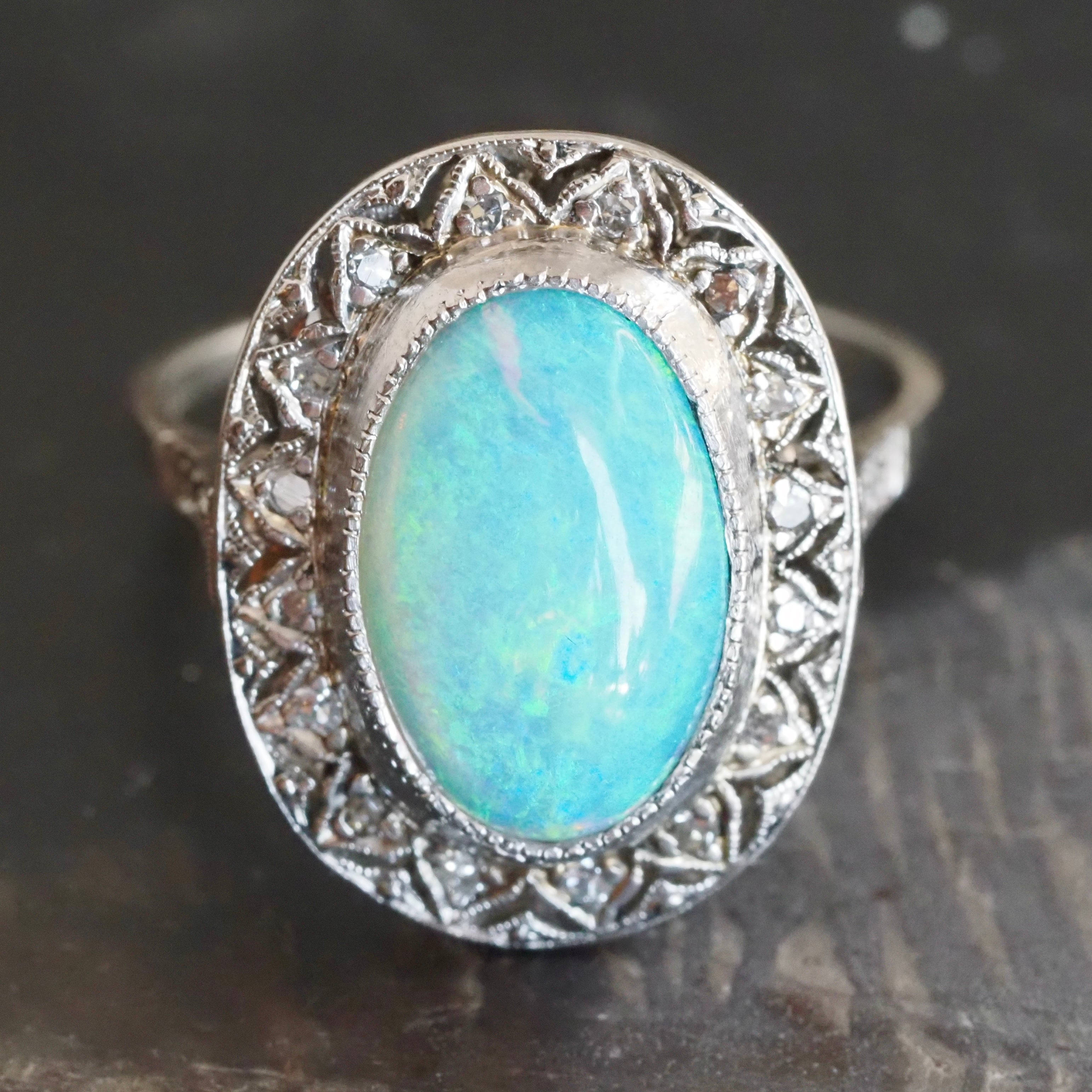 Vintage Art Deco Style Platinum Opal and Diamond Halo Ring