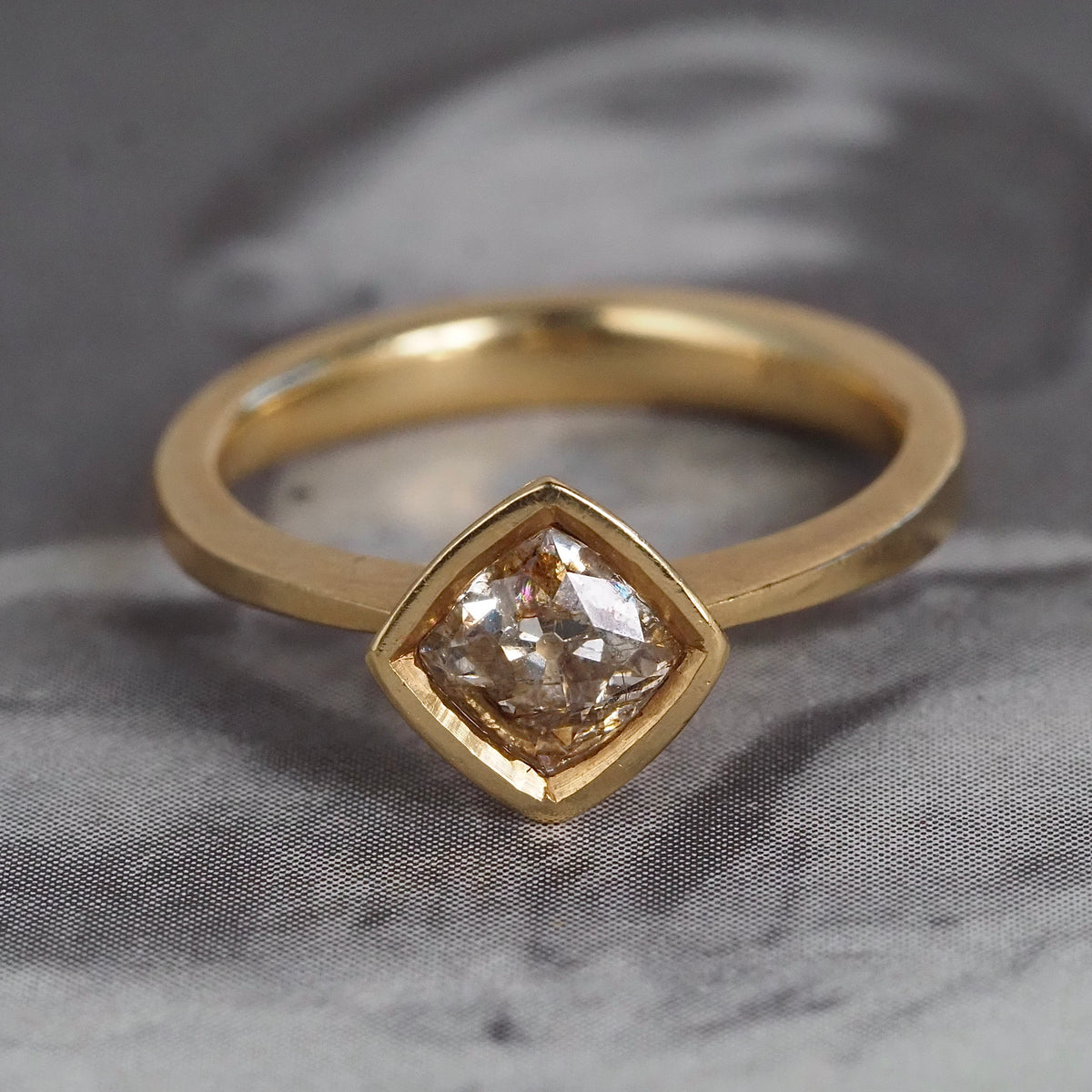 Light Brown Peruzzi Cut Diamond 18k Gold Engagement Ring