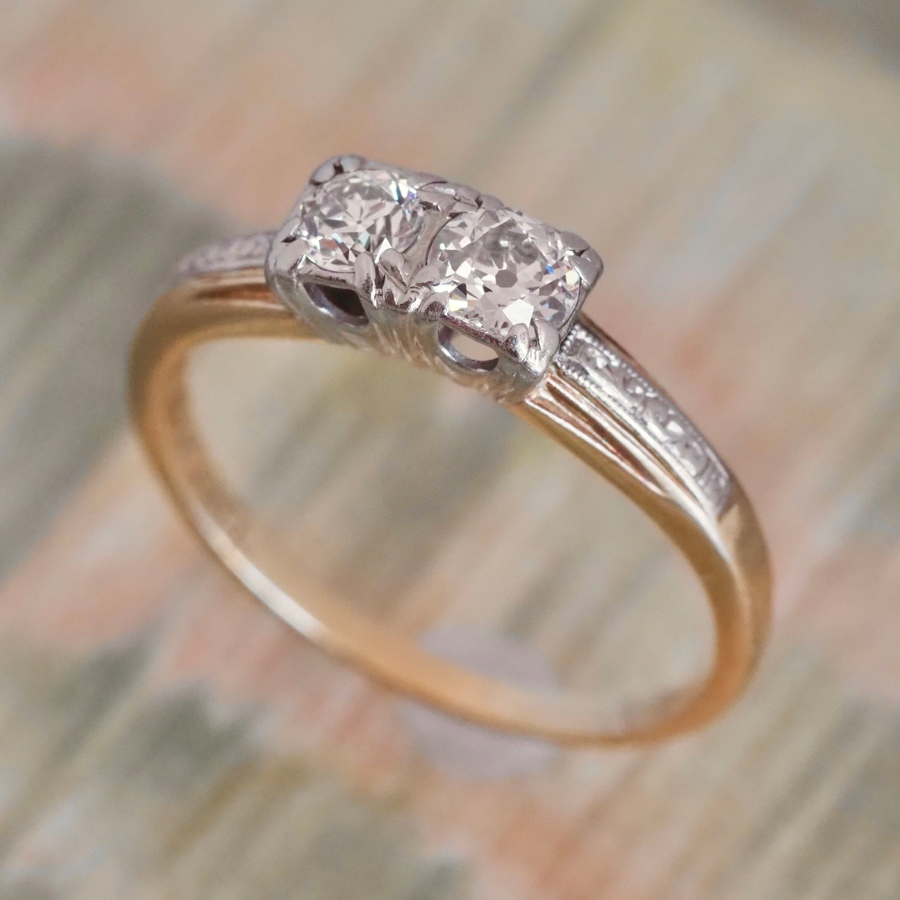 Antique Art Deco Double Old European Cut Diamond 14k Gold & Palladium Engagement Ring