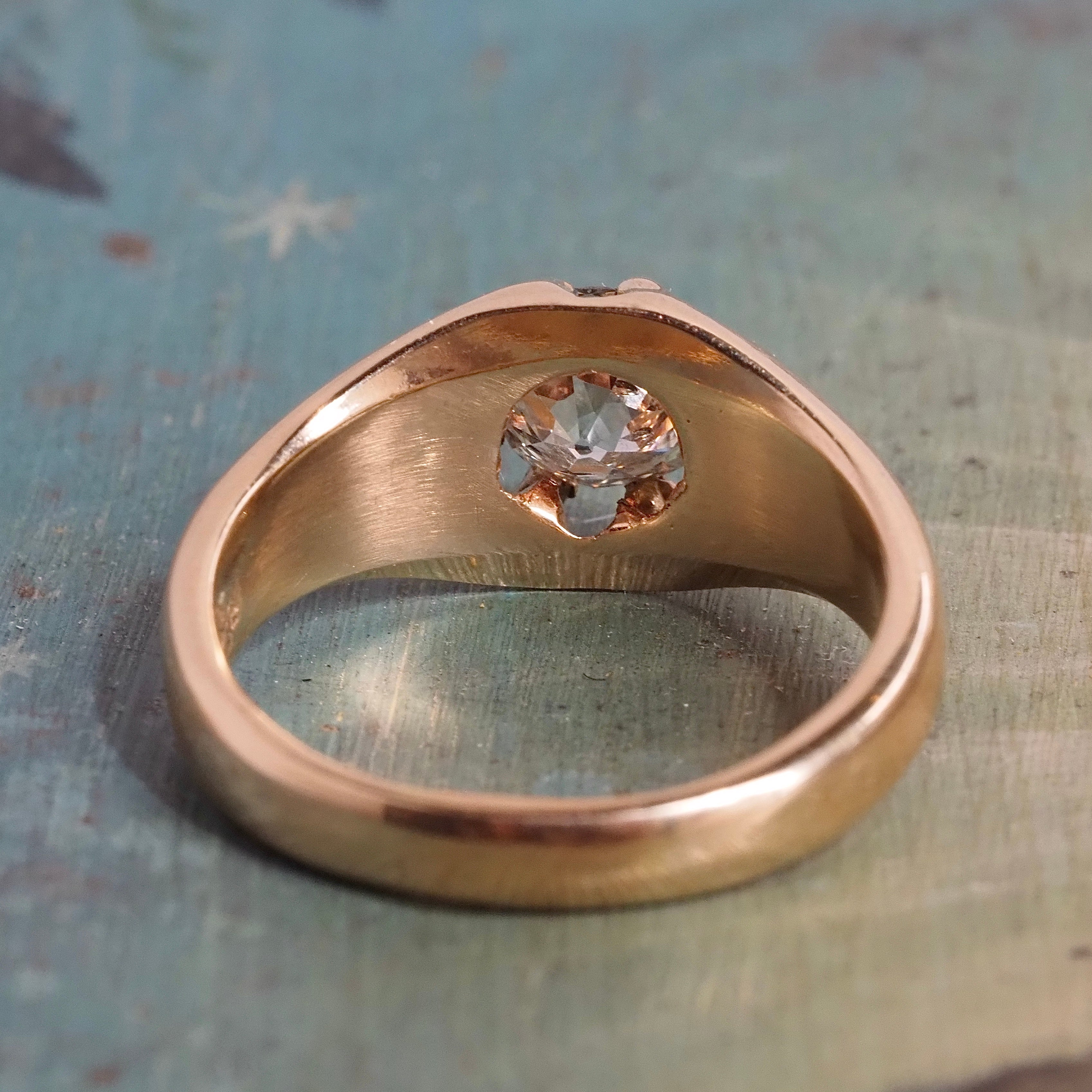 Antique Old Mine Cut Diamond Belcher Set 14k Gold Engagement Ring