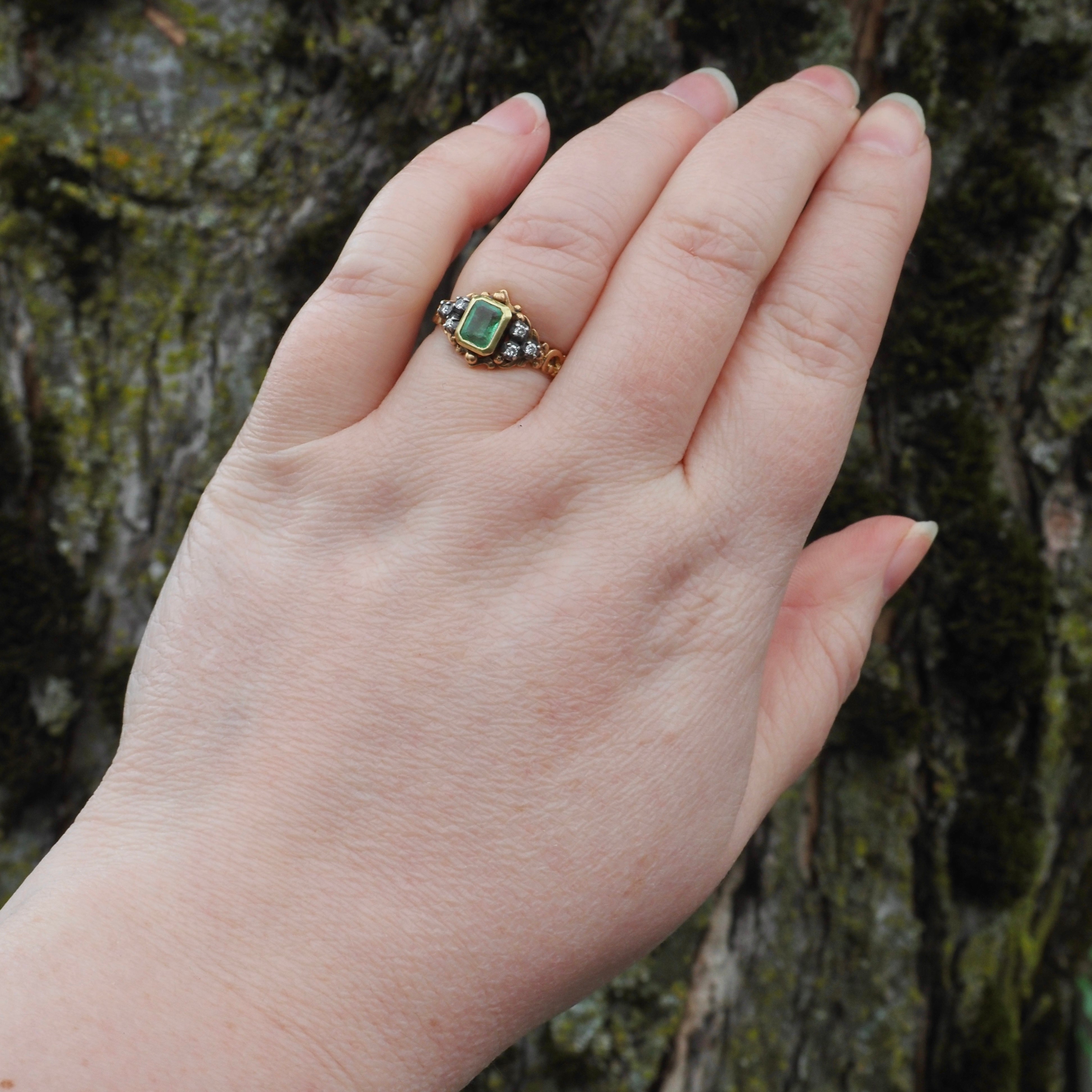 Vintage Victorian Style Emerald and Diamond 18k Gold and Silver Ring