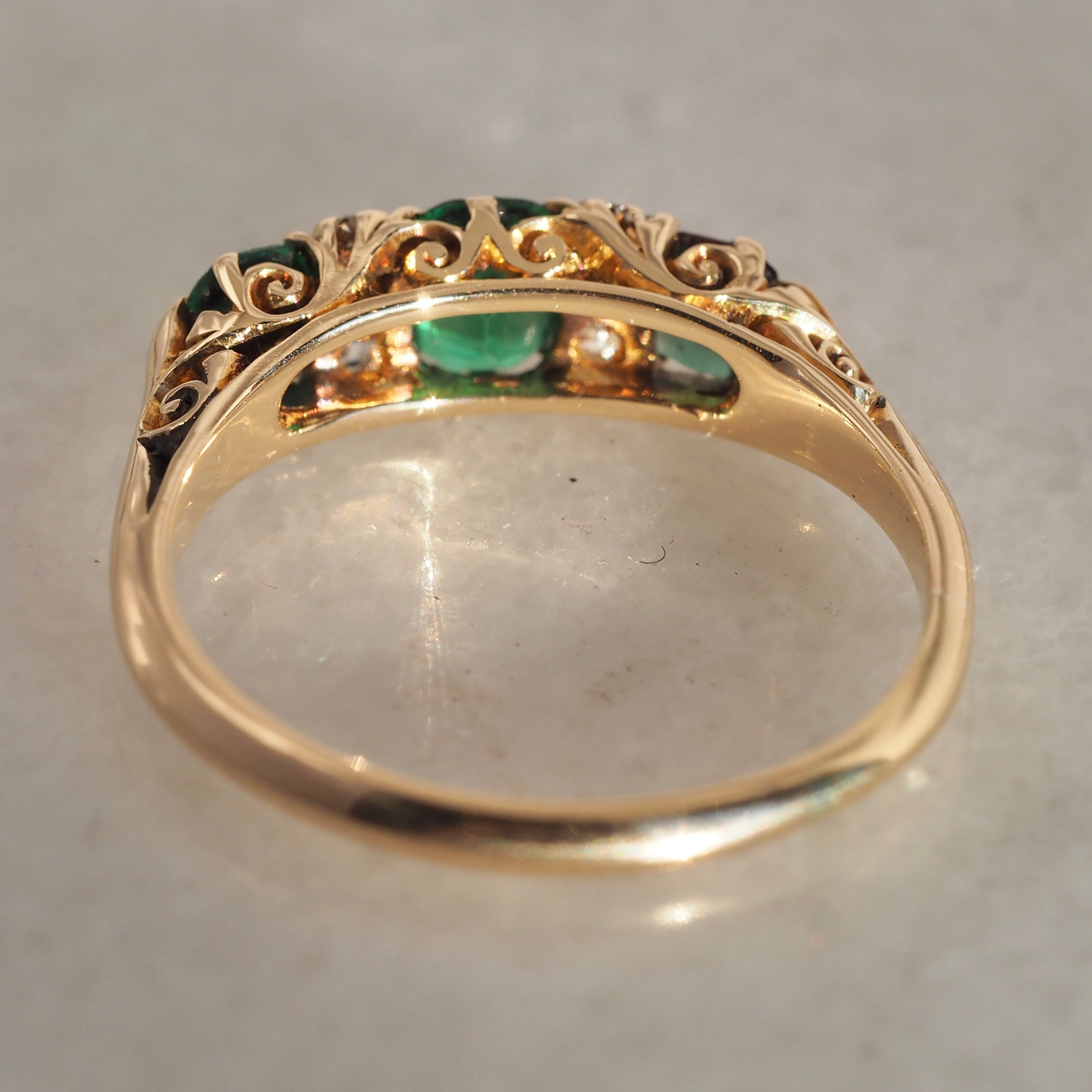 Antique Edwardian English 18k Gold Emerald and Old Mine Cut Ring