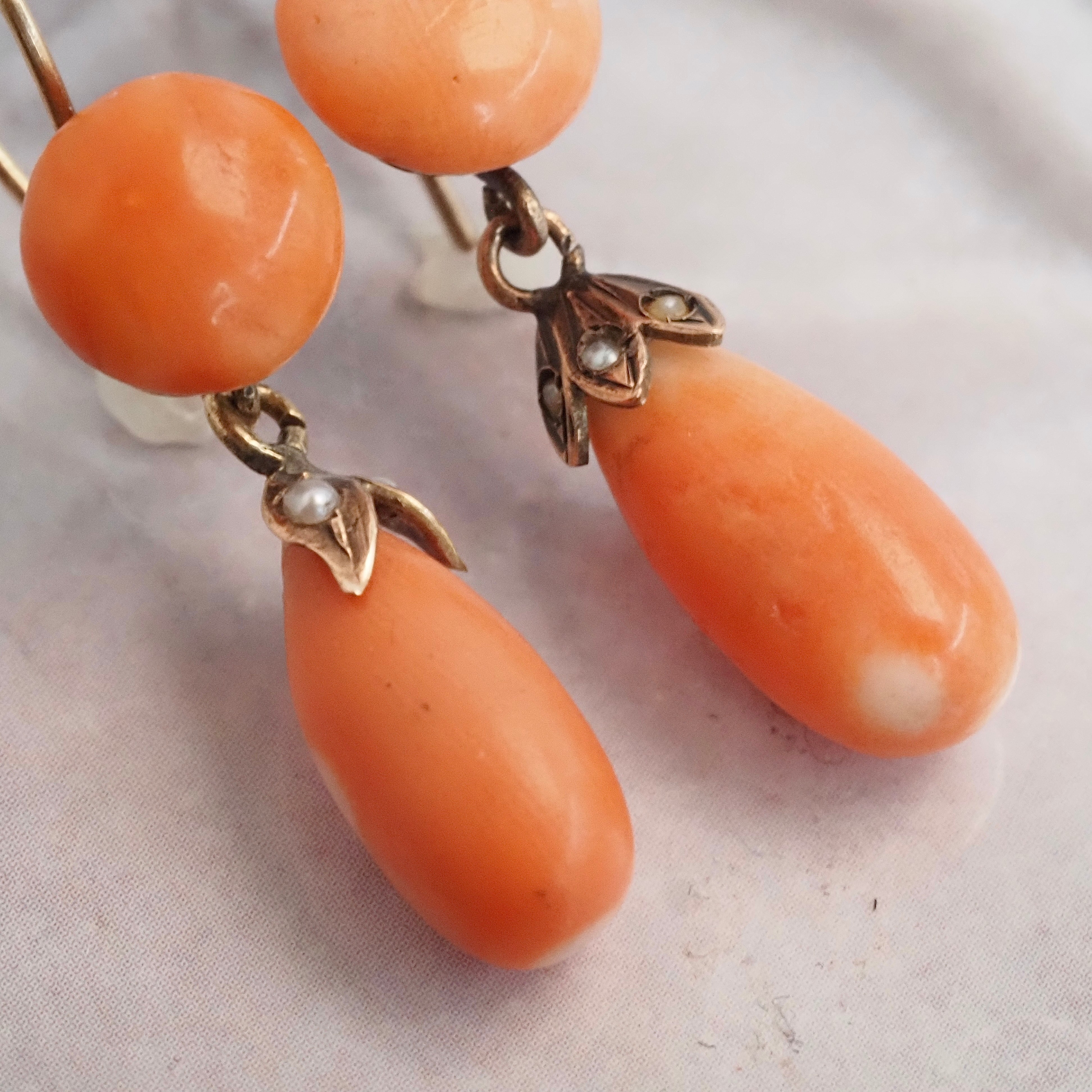 Antique Victorian Coral Pearl 10k Gold Drop Earrings