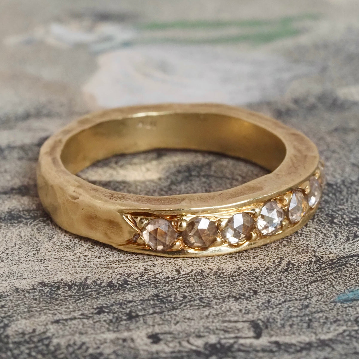 Rose Cut Diamond 18k Gold Hammered Half Eternity Band