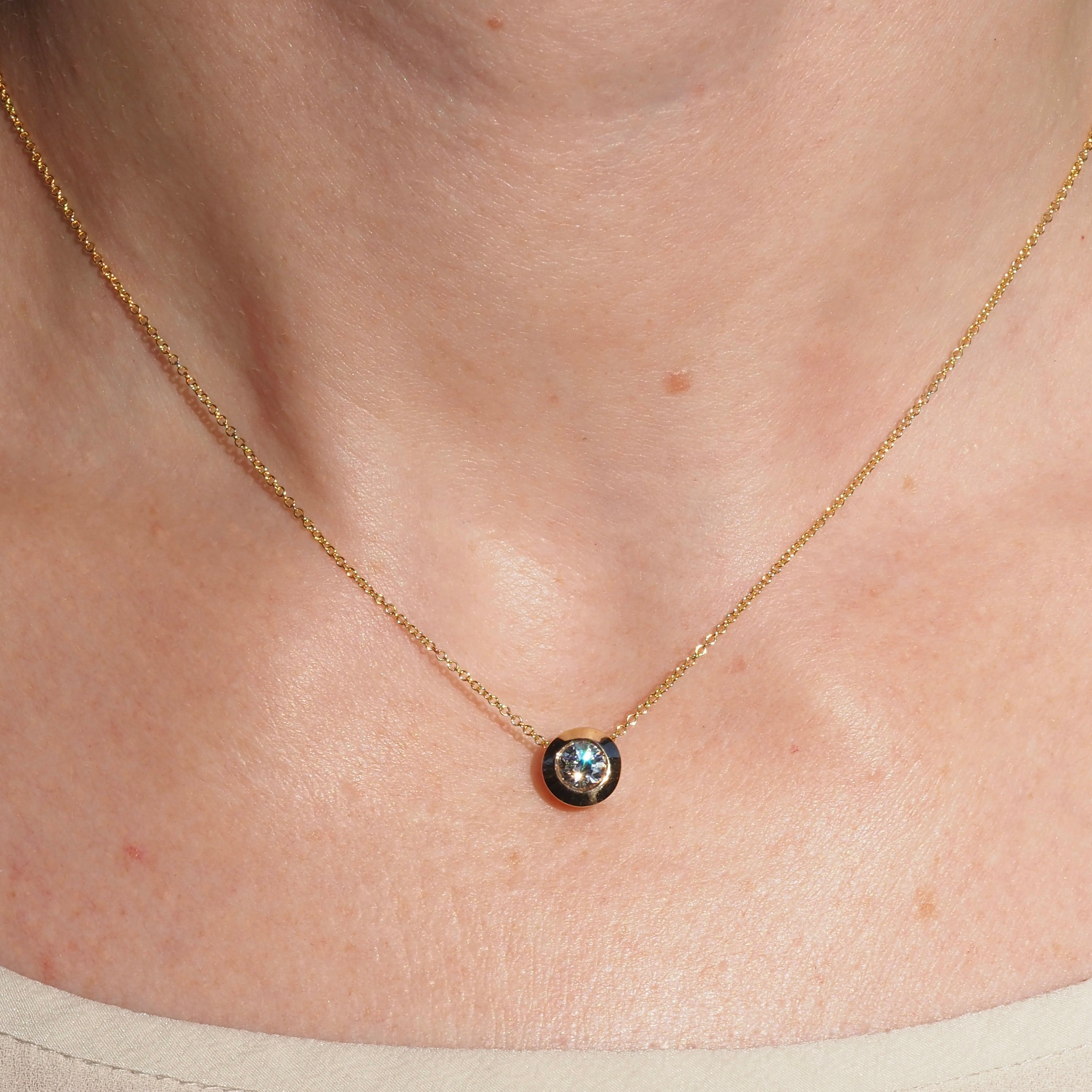 Italian Bezel Set Transitional Cut Diamond 14k Gold Necklace