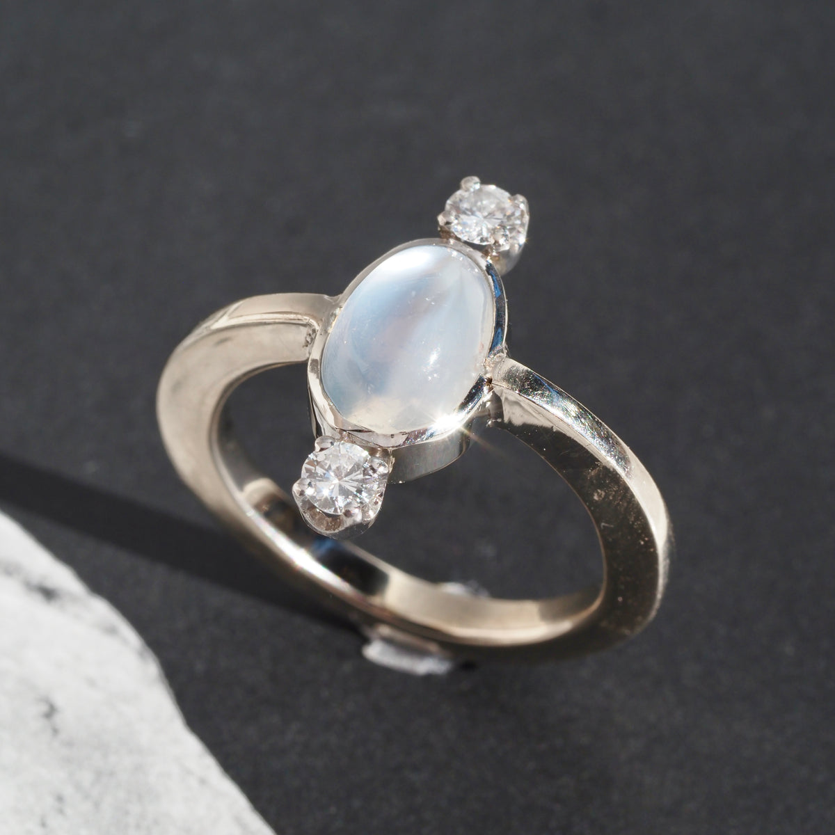 Antique Victorian Moonstone Diamond Palladium and 14k White Gold Ring
