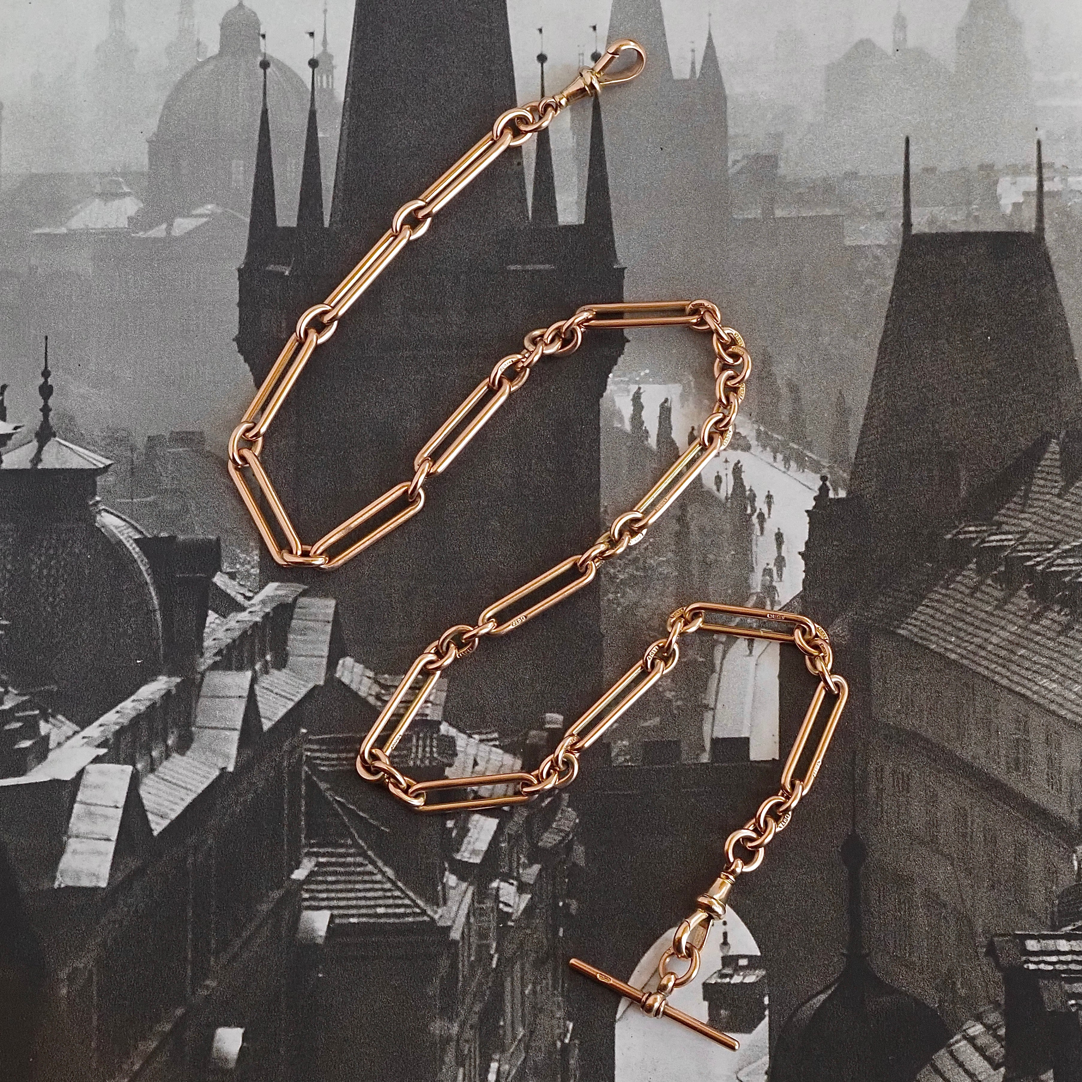 Antique c. 1901 English 9k Gold Trombone Link Albert Watch Chain Necklace with T-Bar and Dog Clips