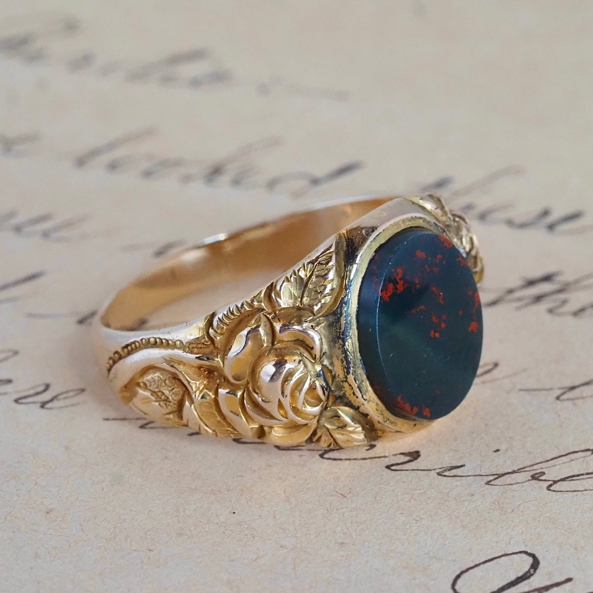 Antique Bloodstone and Roses 10k Gold Signet Ring