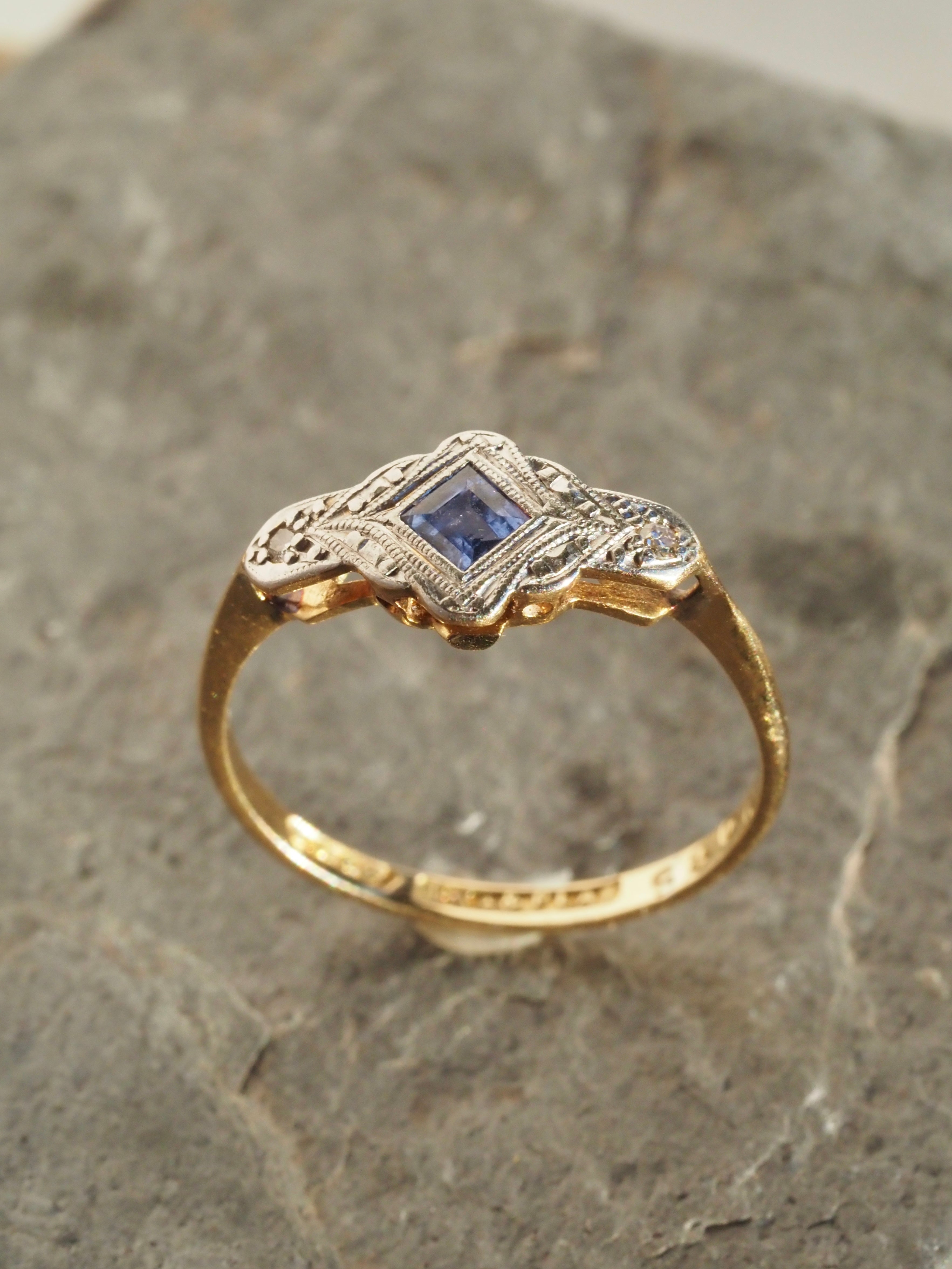 Antique English Sapphire & Diamond 18k Gold & Platinum Ring