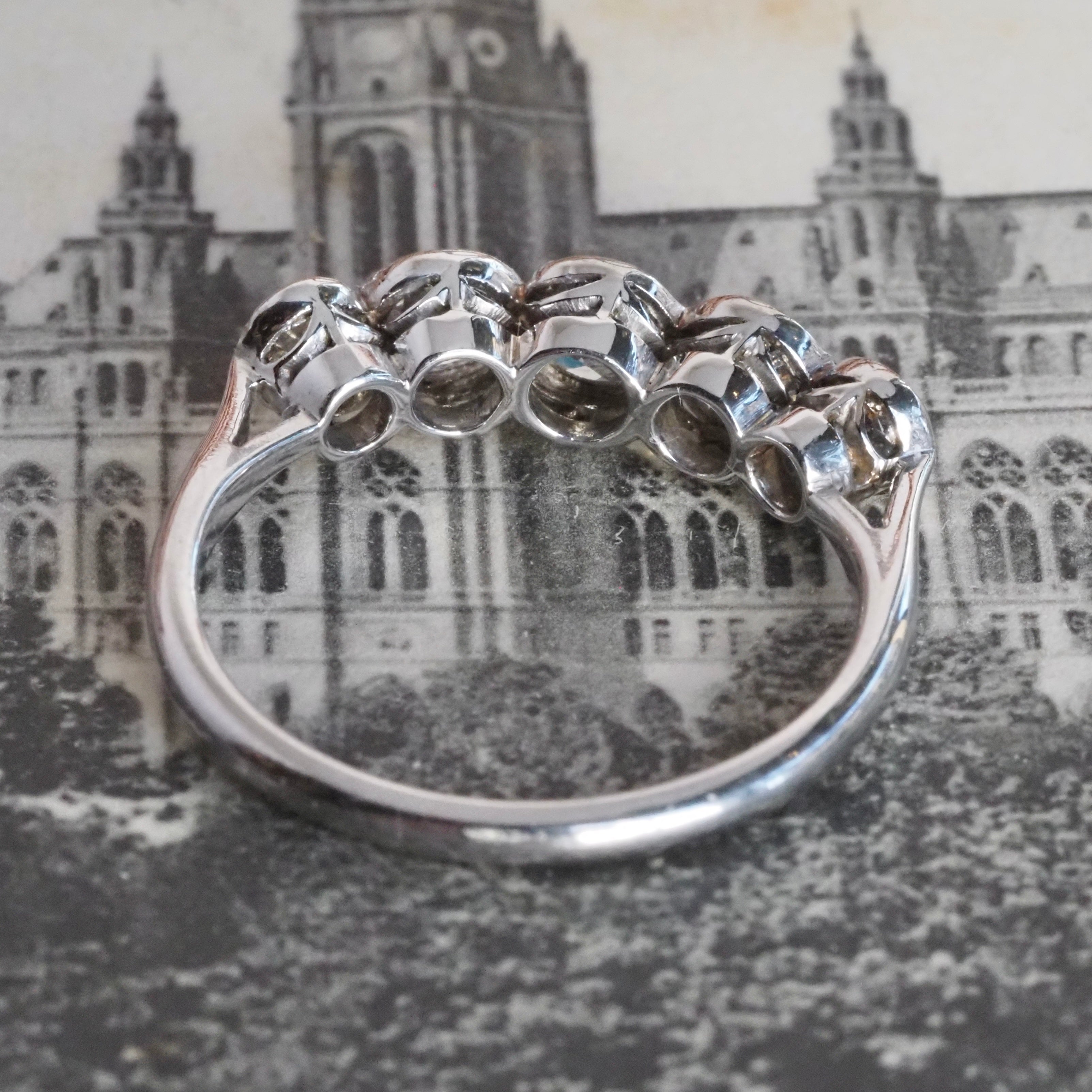 Antique Old European Cut Diamond Five Stone 18k White Gold Ring