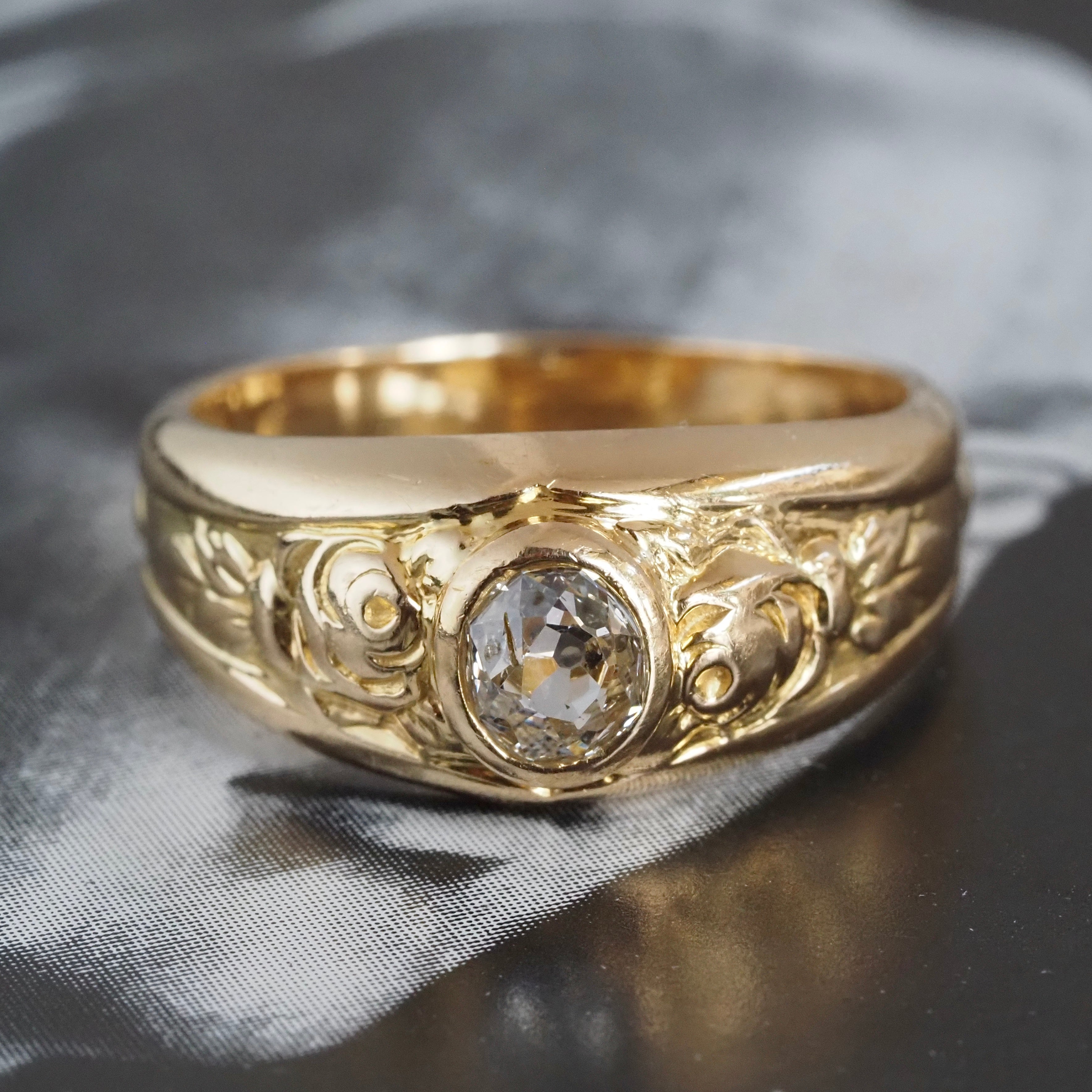 Vintage Bezel Set Old Mine Cut Diamond 18k Gold Dome Floral Engagement Ring