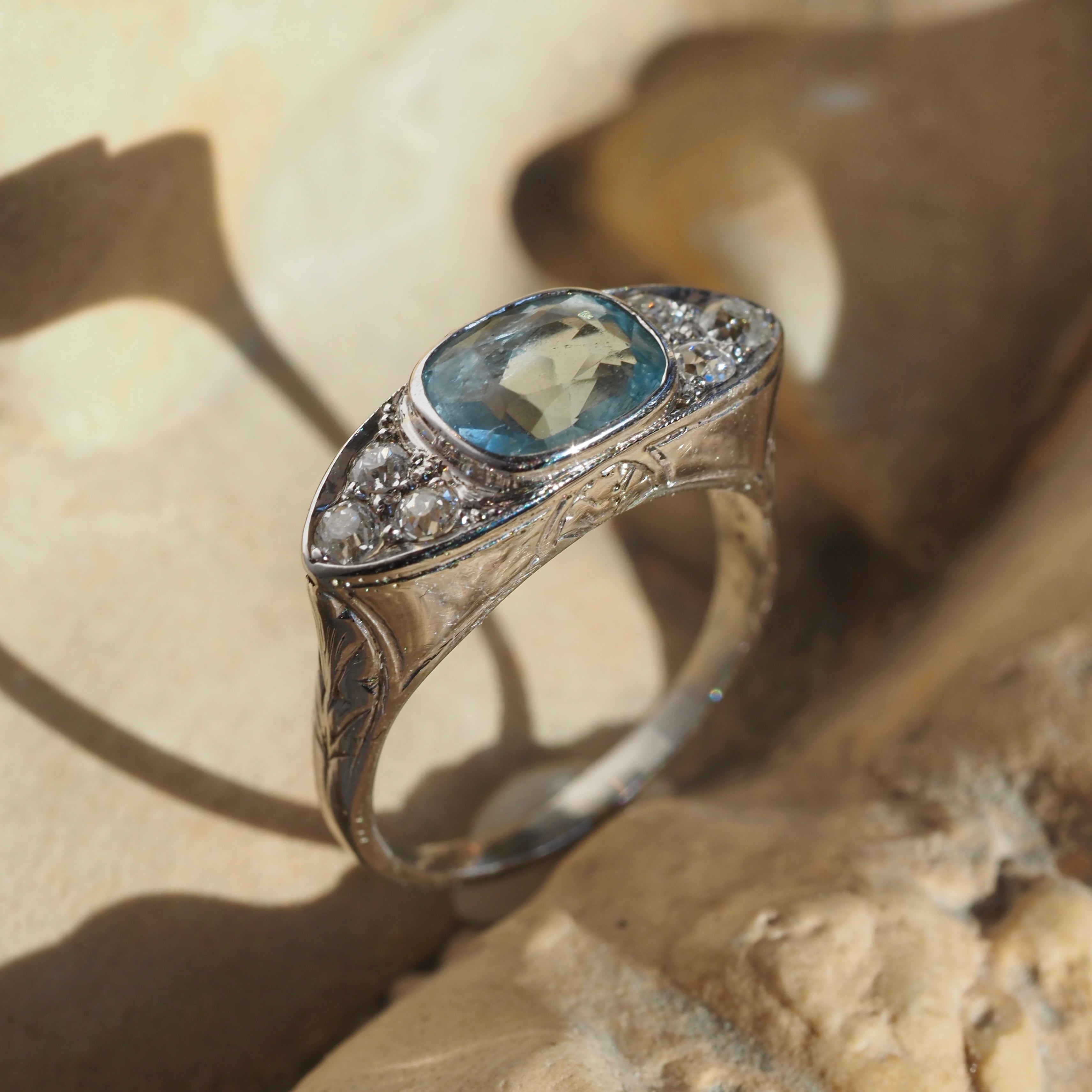 Art Deco Aquamarine Old Mine Cut Diamond Palladium Eye Ring