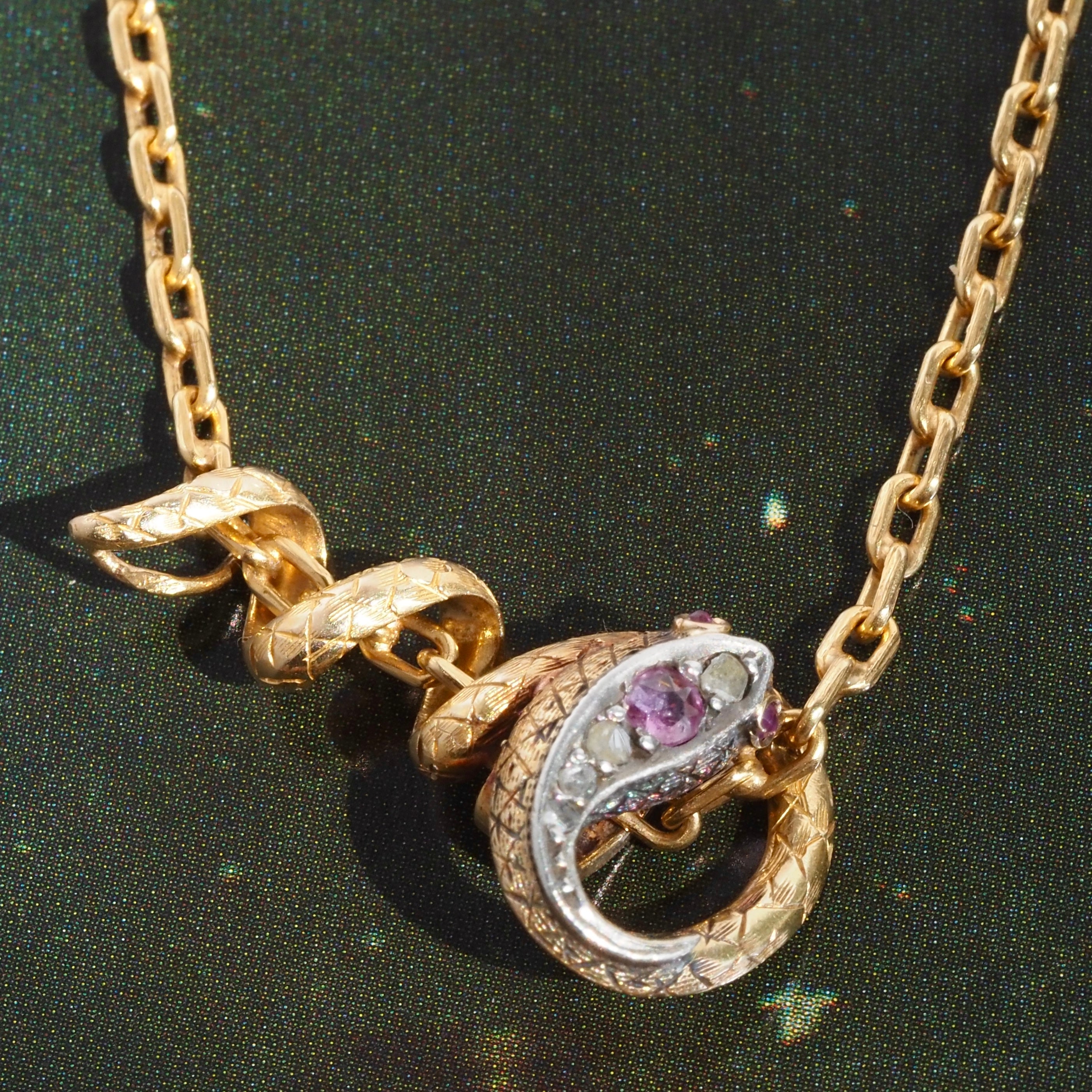 Antique Victorian Snake Natural Ruby Diamond 18k Gold Necklace