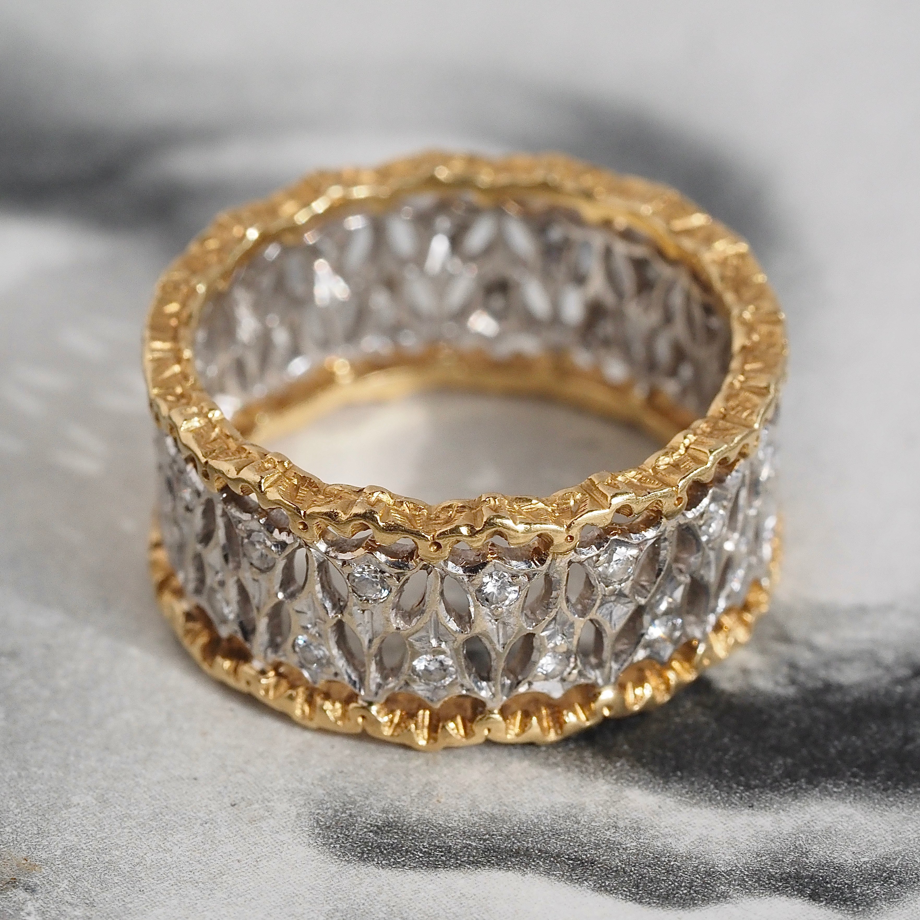 Vintage Italian 18k White and Yellow Gold Diamond Wide Lattice Open Work Band