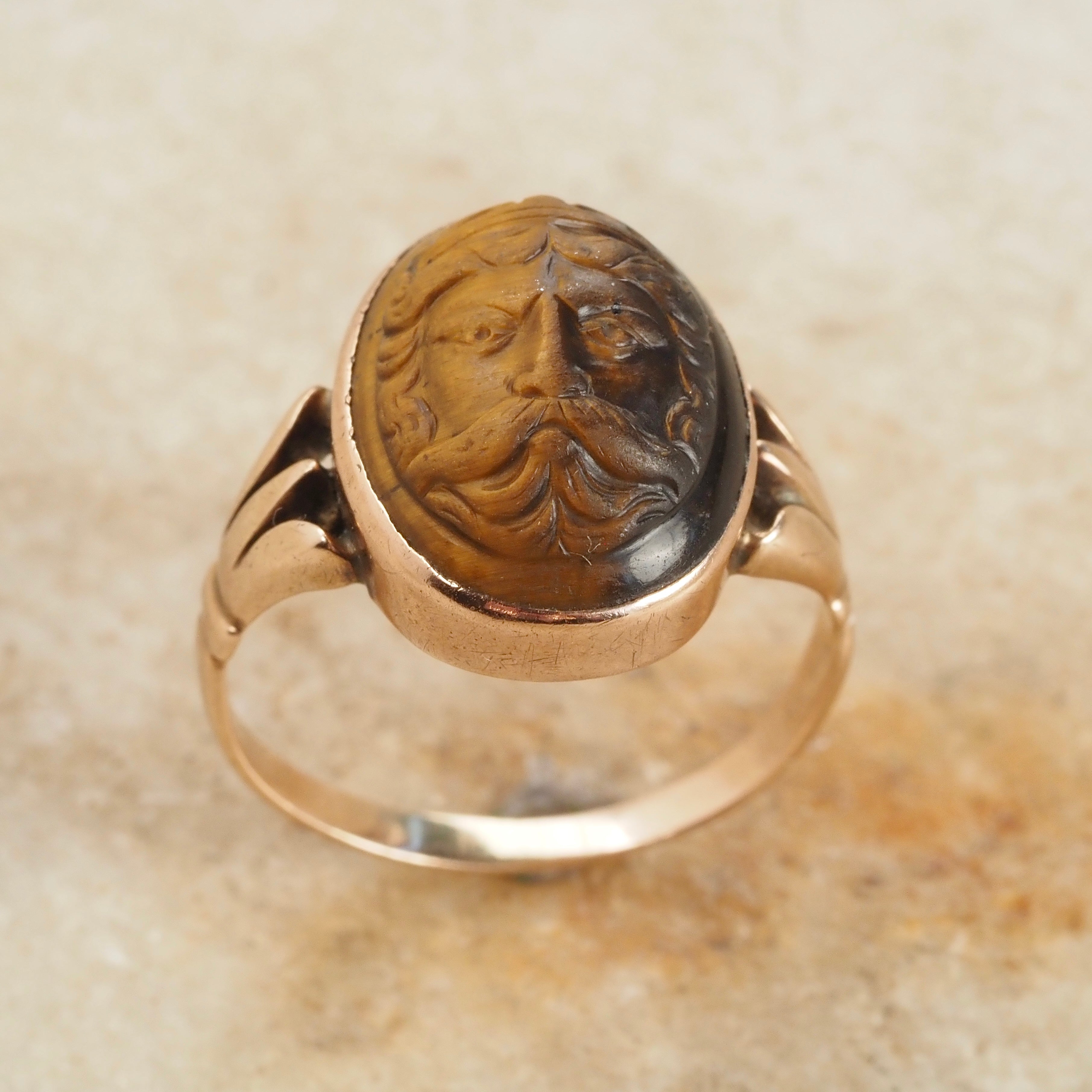 Antique Victorian Carved Zeus Tiger's Eye 10k Gold Ring