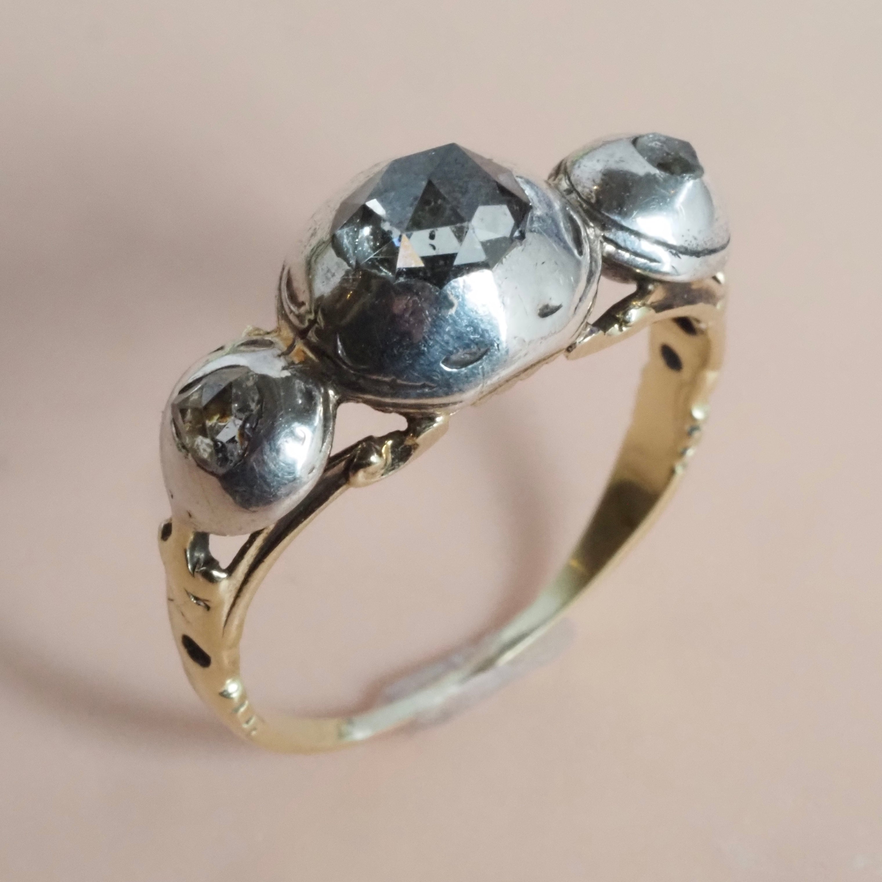 Antique Early 18th Century Georgian Dutch Cut Rose Cut Diamond 18k Gold and Sterling Silver Trilogy Ring