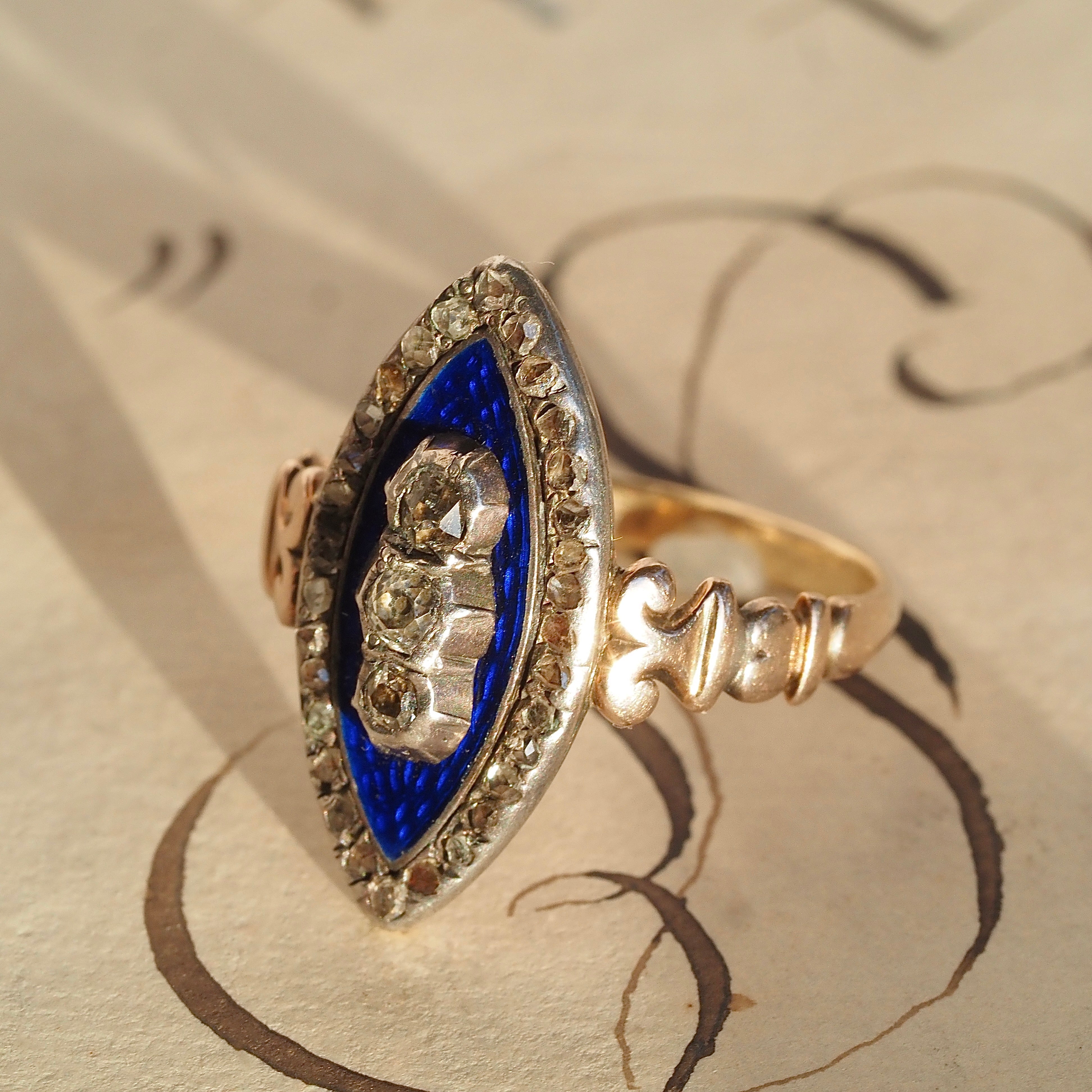 Antique Georgian "Bague au Firmament" Ring of the Heavens Rose Cut Diamond Midnight Enamel 15k Gold & Silver Navette Ring