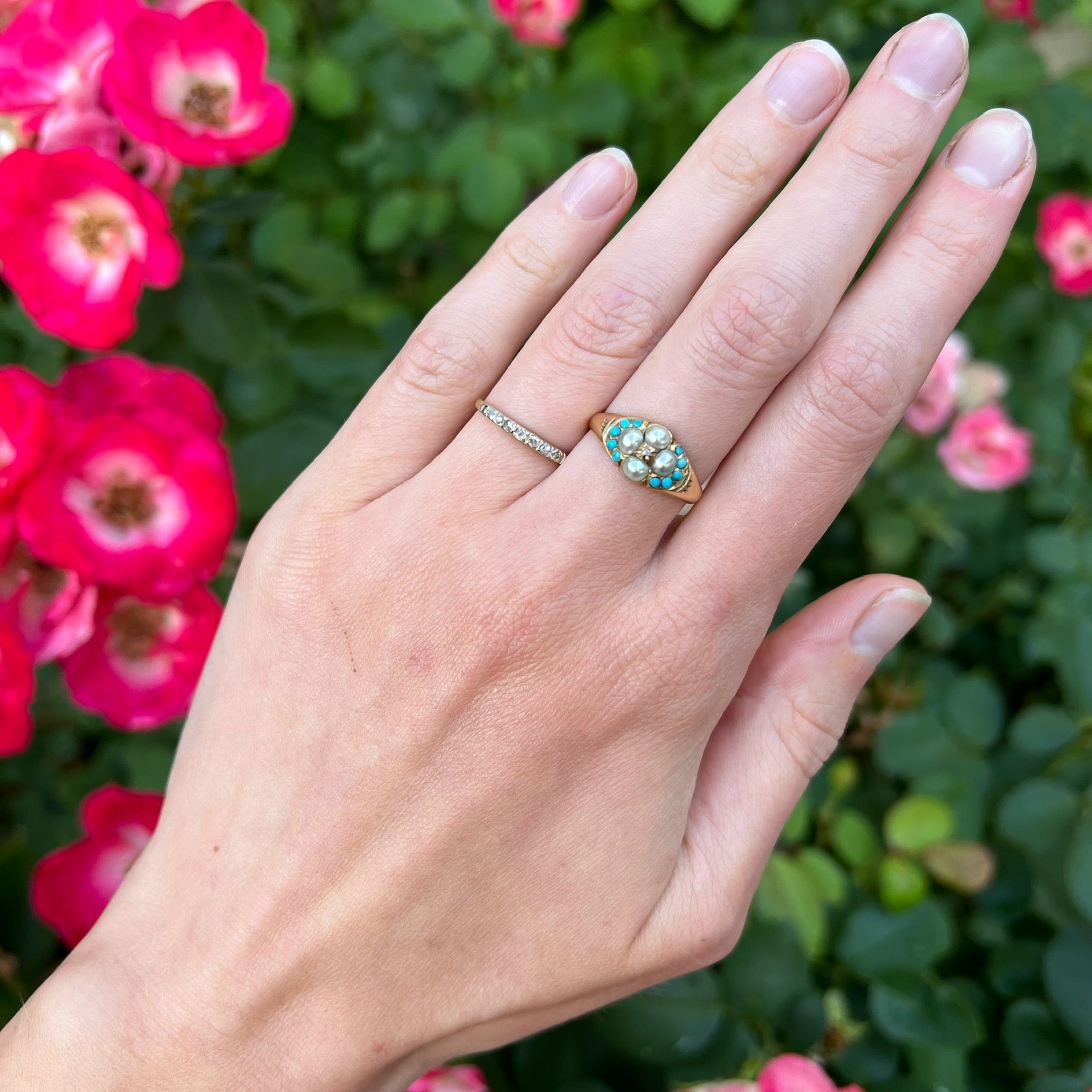 Antique Victorian English 18k Gold Rose Cut Diamond, Natural Pearls and Turquoise Ring