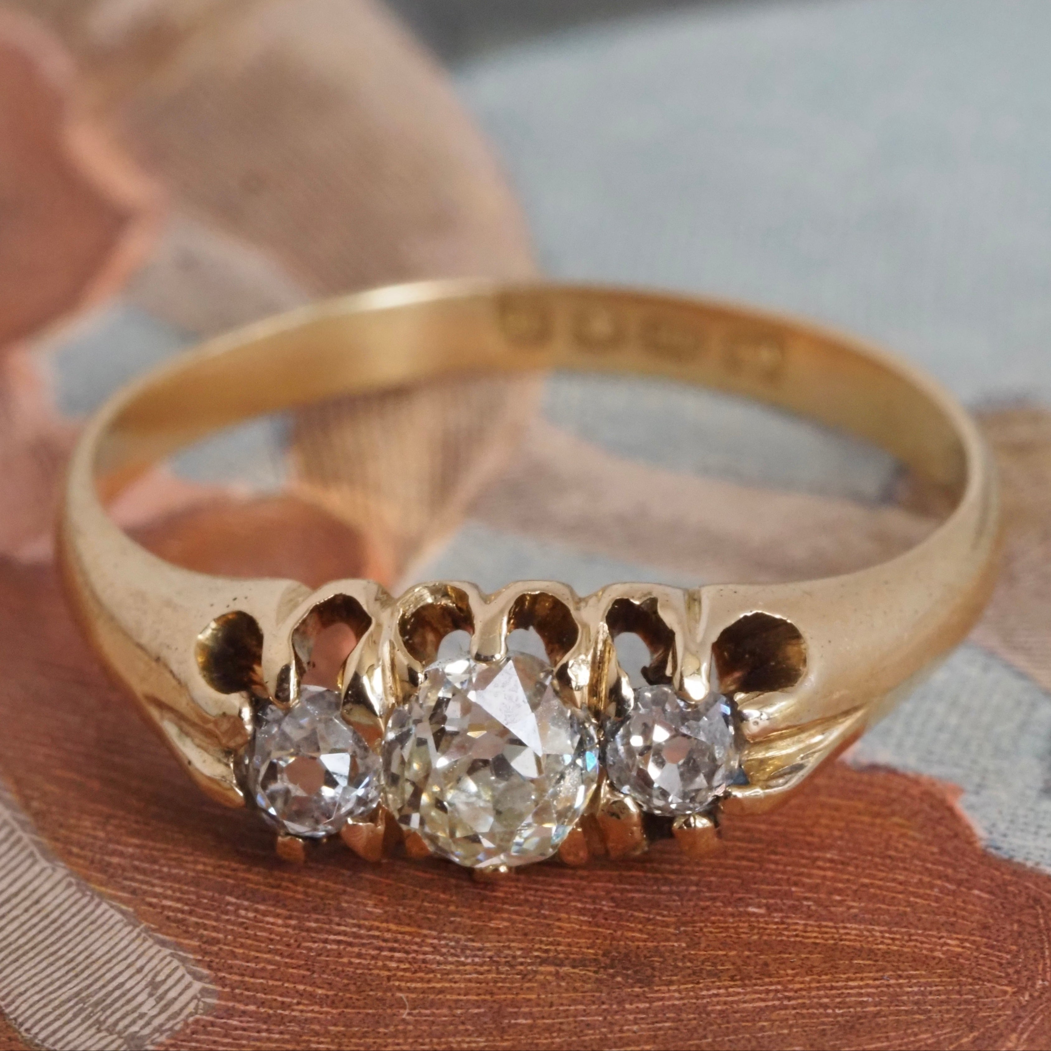 Antique English c.1905 Old Mine Cut Diamond Trilogy 18k Gold Ring