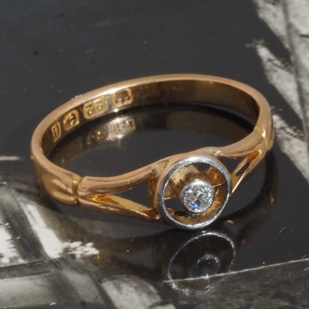 Antique c. 1900 English Bullseye Old Mine Cut Diamond 22k Gold and Platinum Ring