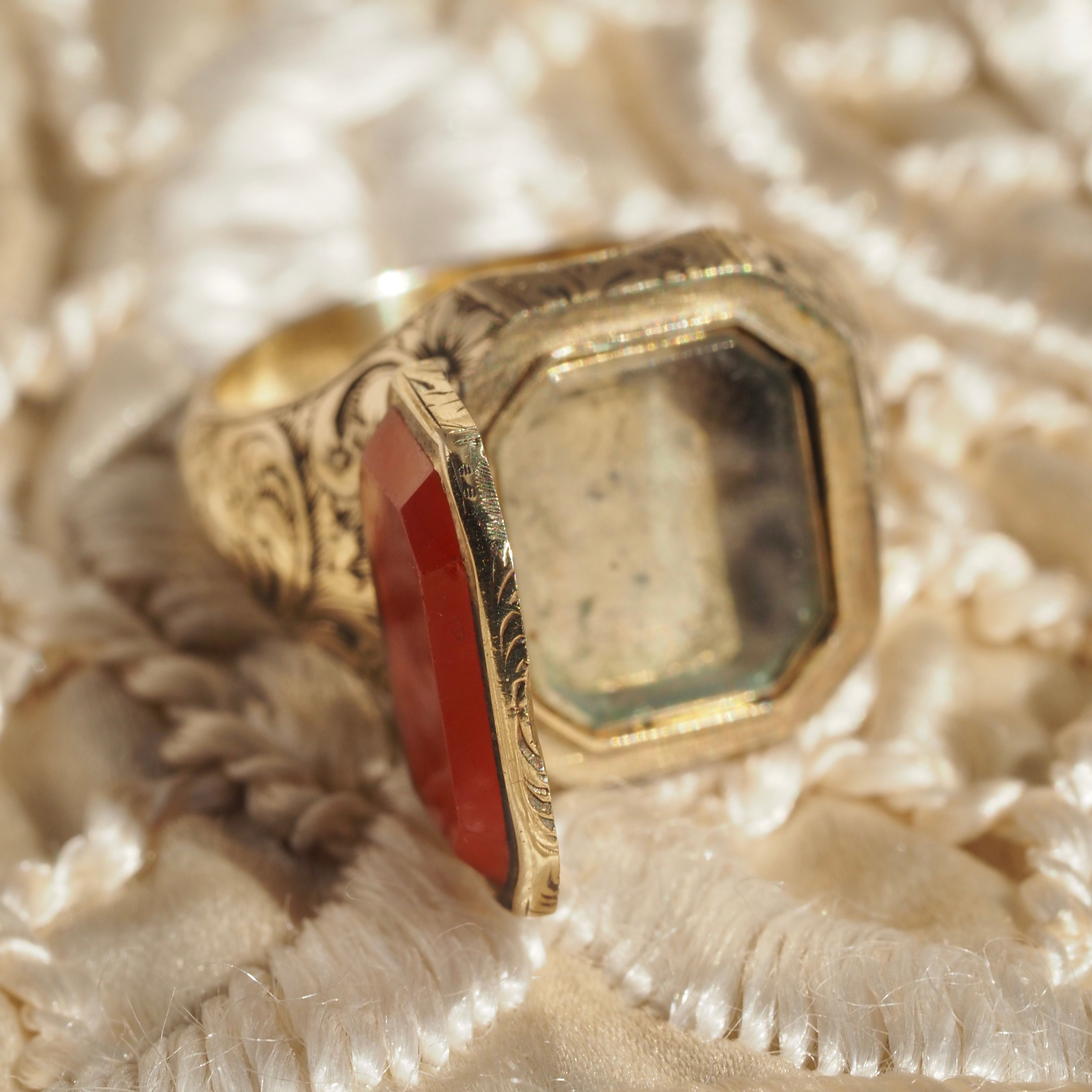 Antique Victorian 14k Gold Engraved Locket Carnelian Ring