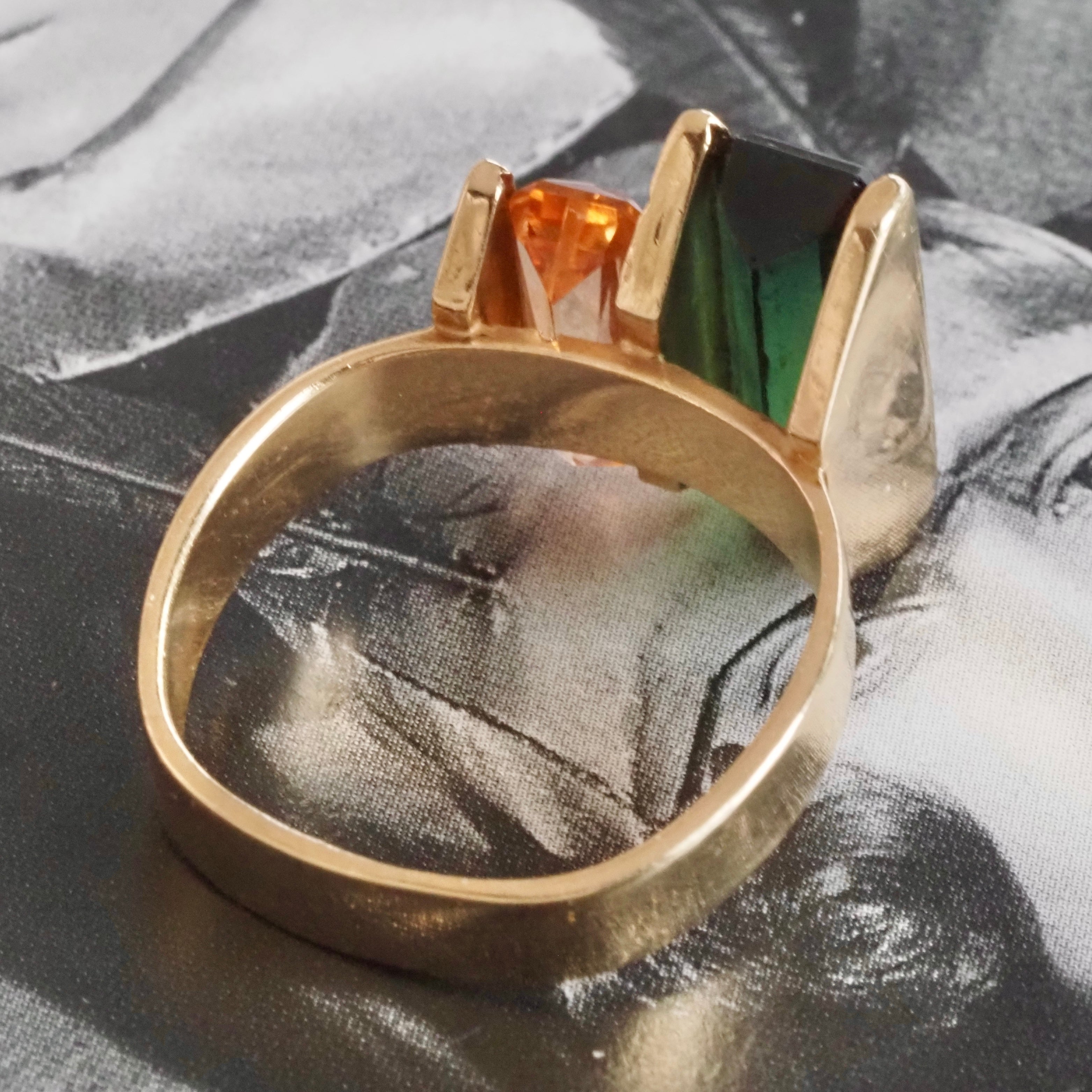 Modernist Tourmaline and Imperial Topaz 14k Gold Ring