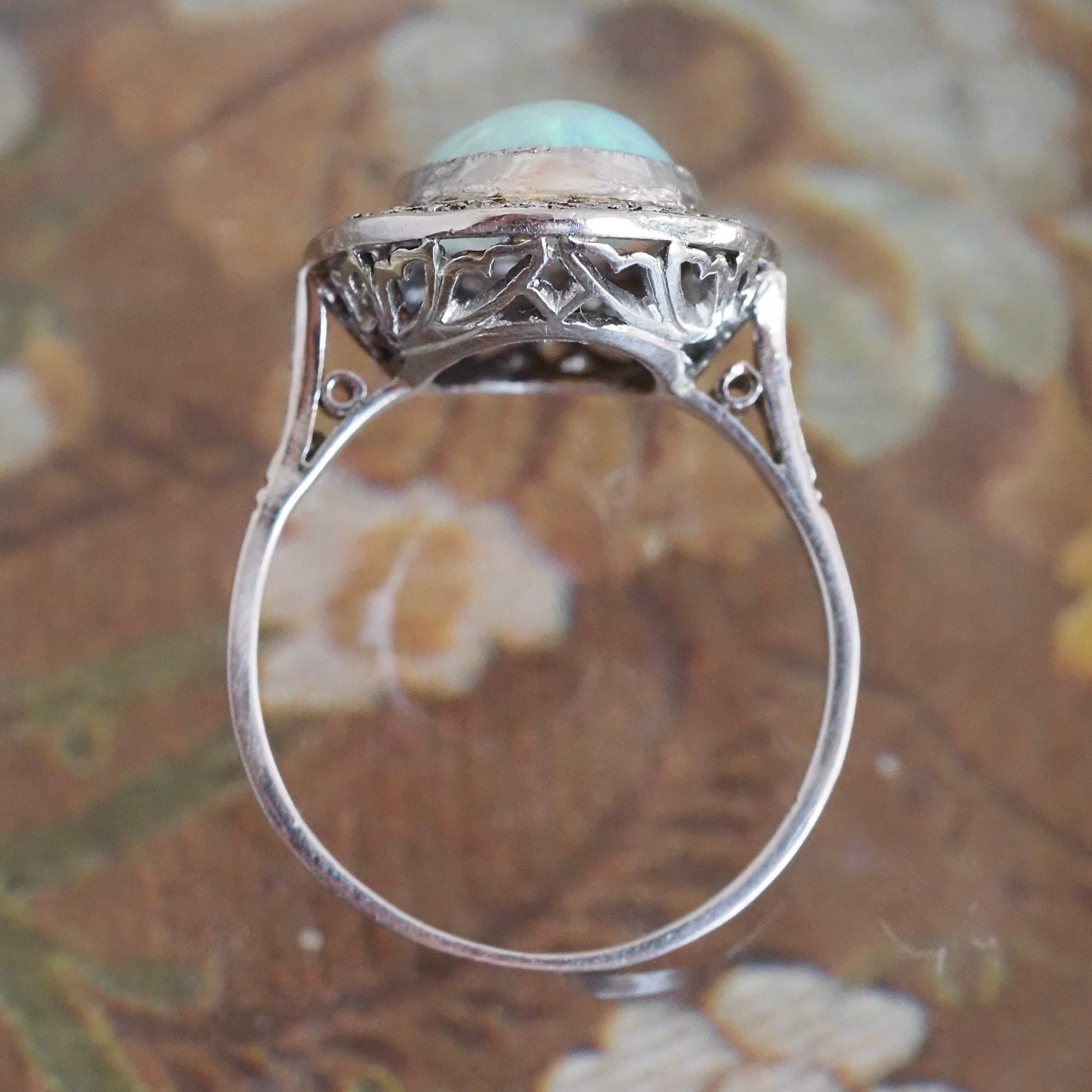 Vintage Art Deco Style Platinum Opal and Diamond Halo Ring