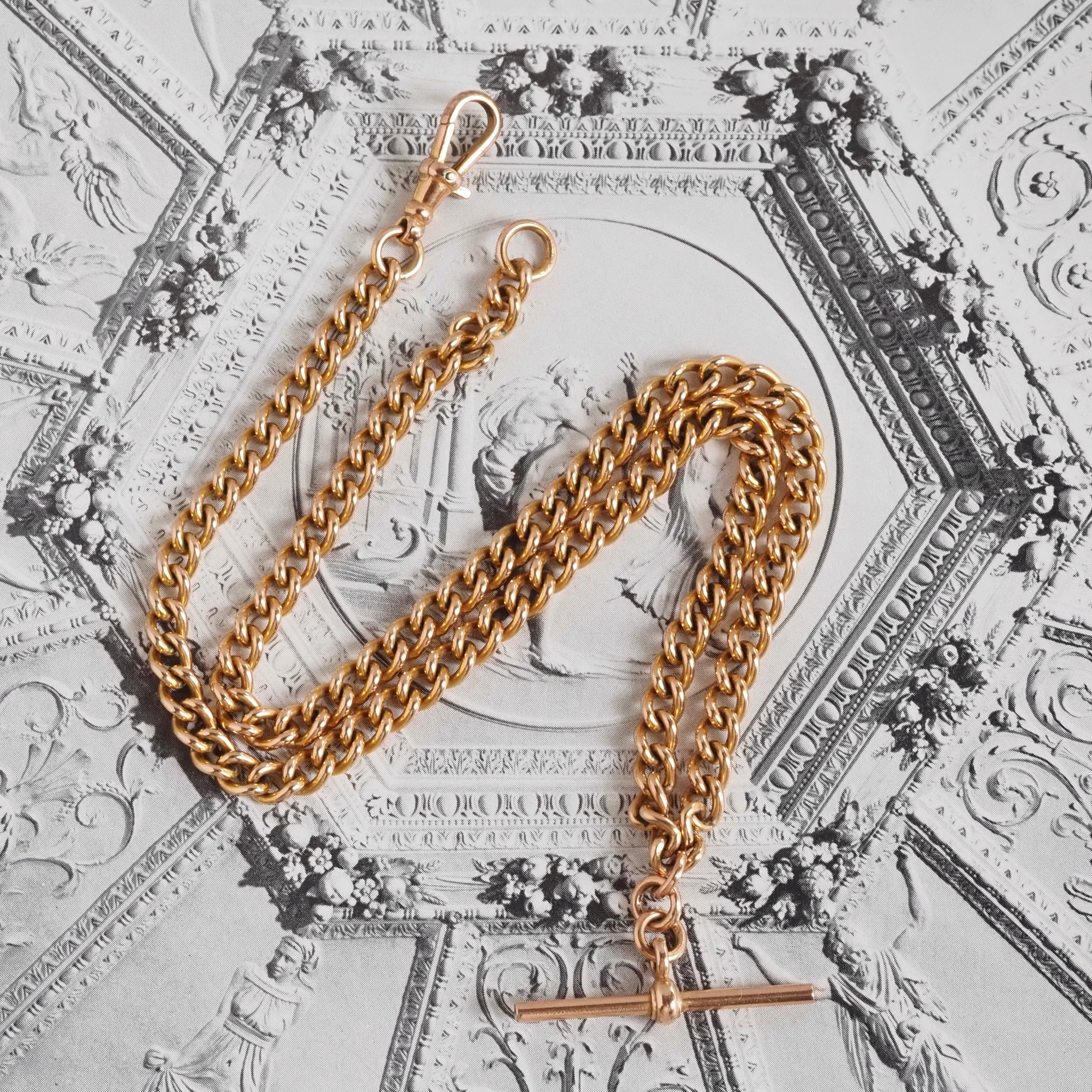 Vintage English 9k Gold Albert Chain Necklace with T Bar and Dog Clip