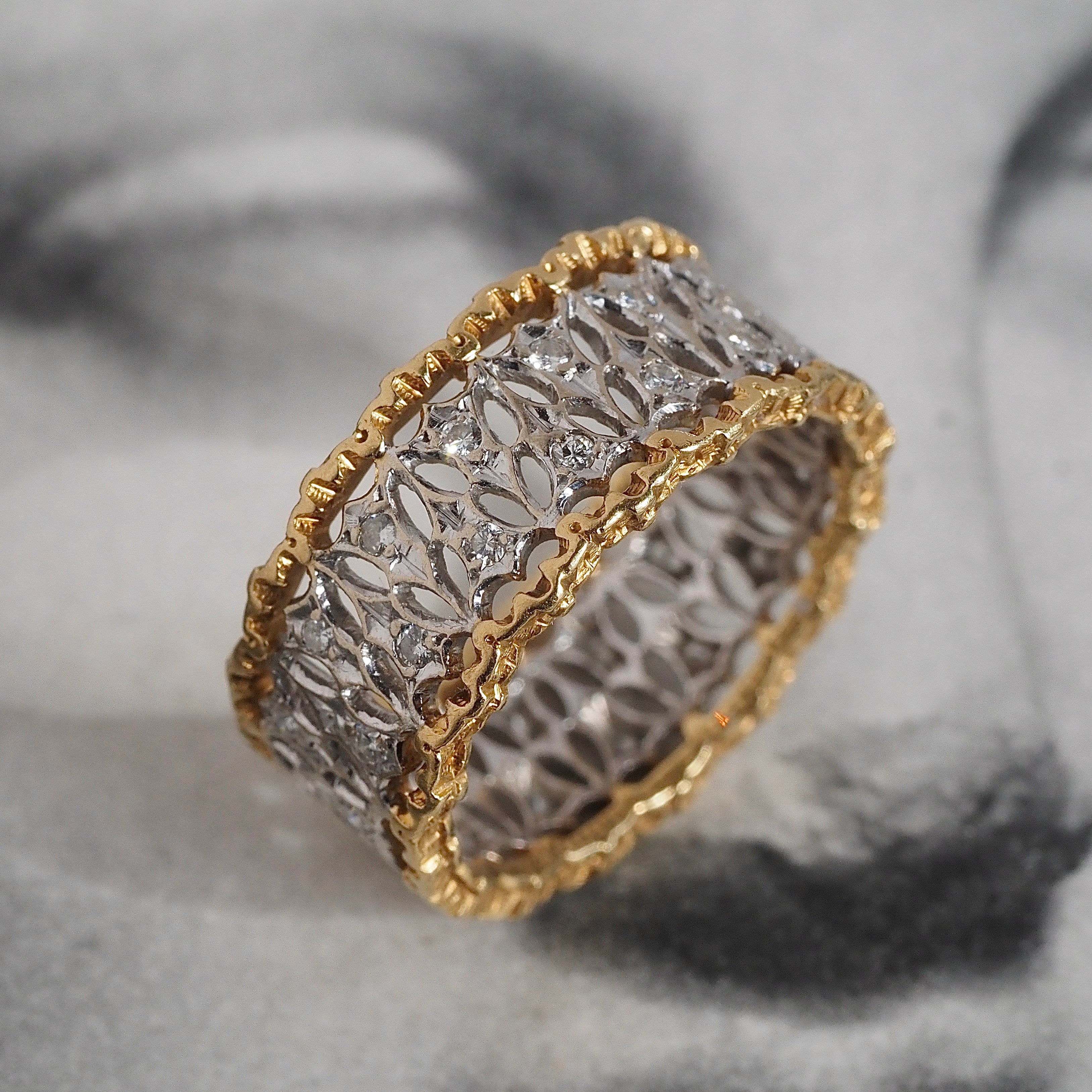 Vintage Italian 18k White and Yellow Gold Diamond Wide Lattice Open Work Band