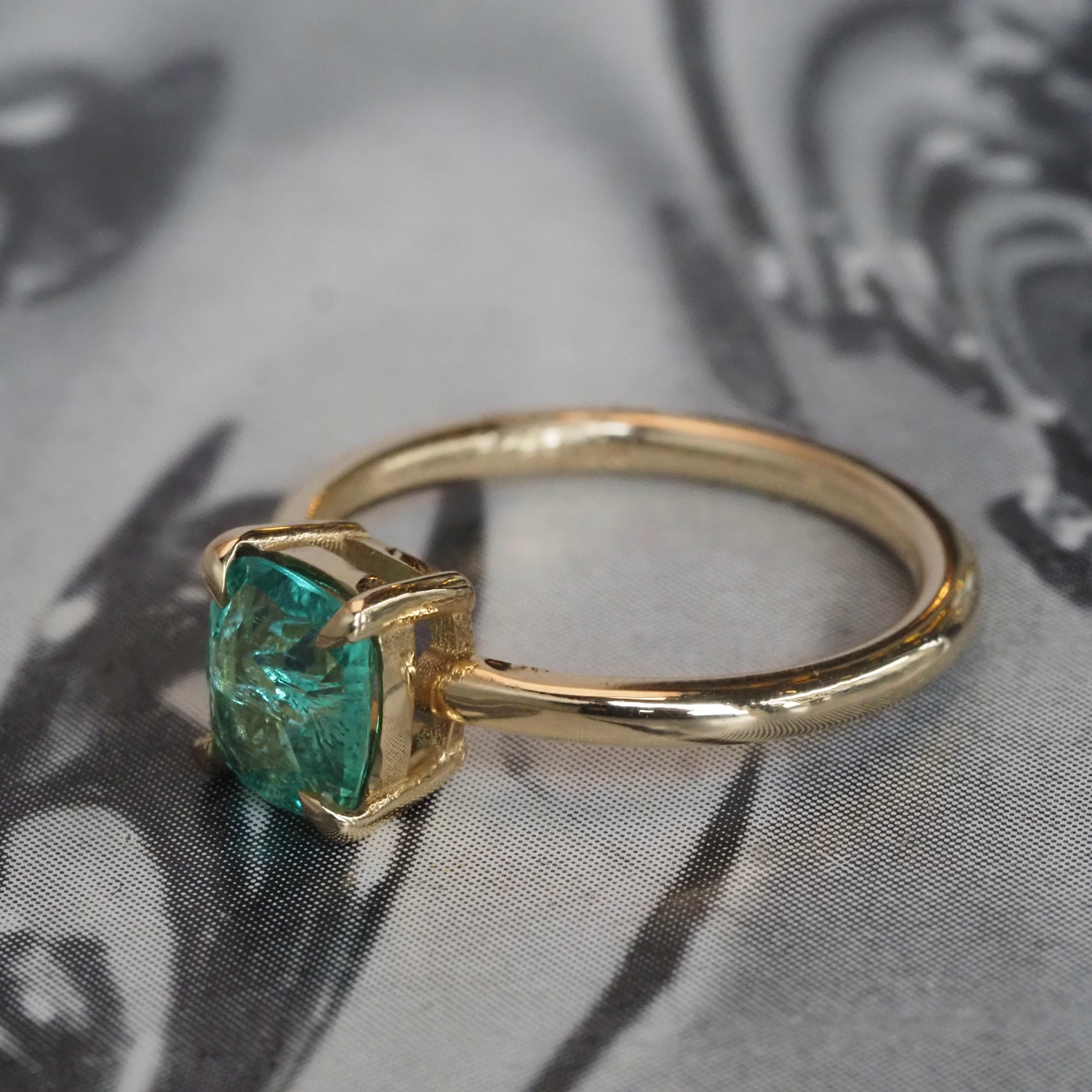 Minty Square Cushion Cut Emerald 14k Gold Solitaire Ring