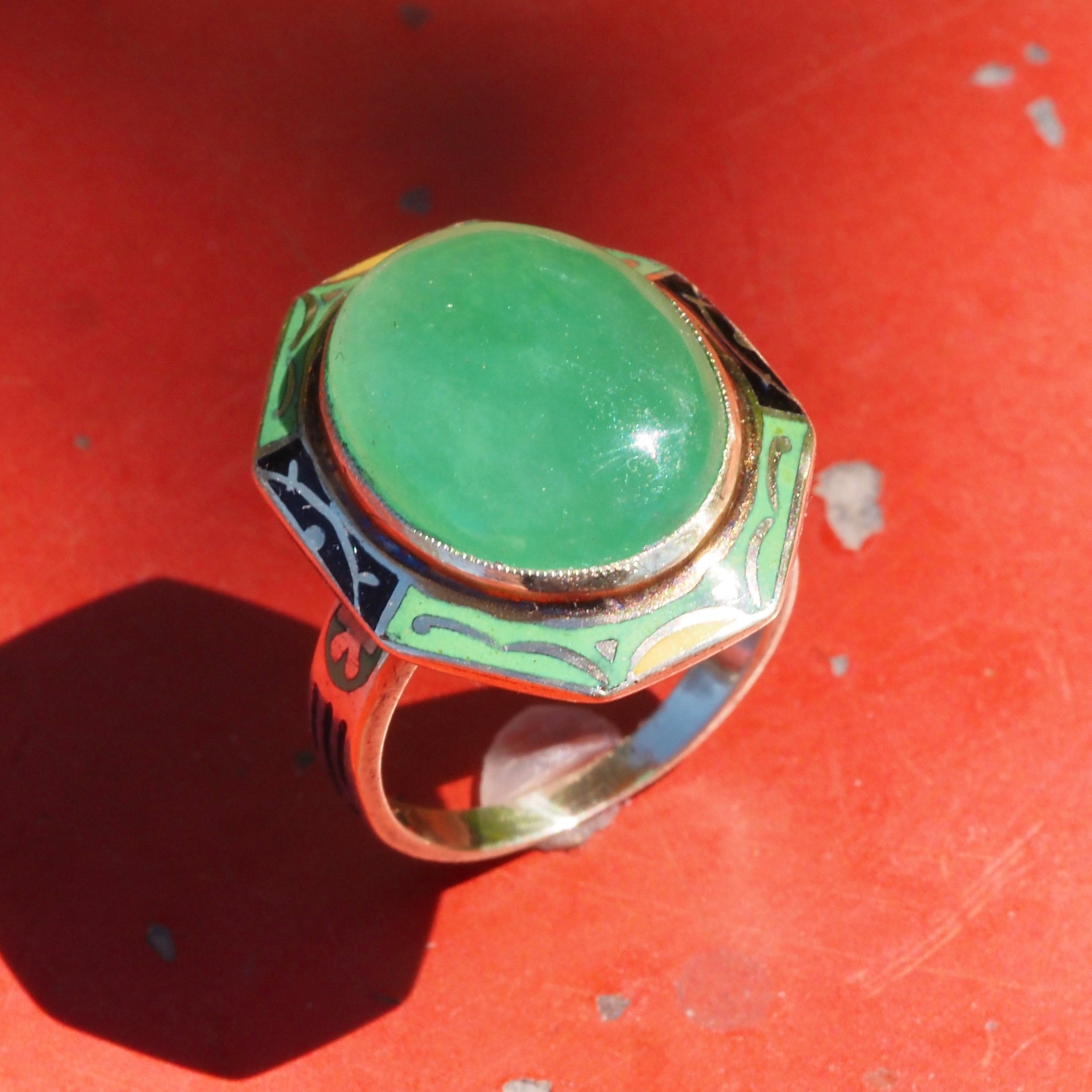 Antique Art Deco Jade and Enamel 14k Gold Ring