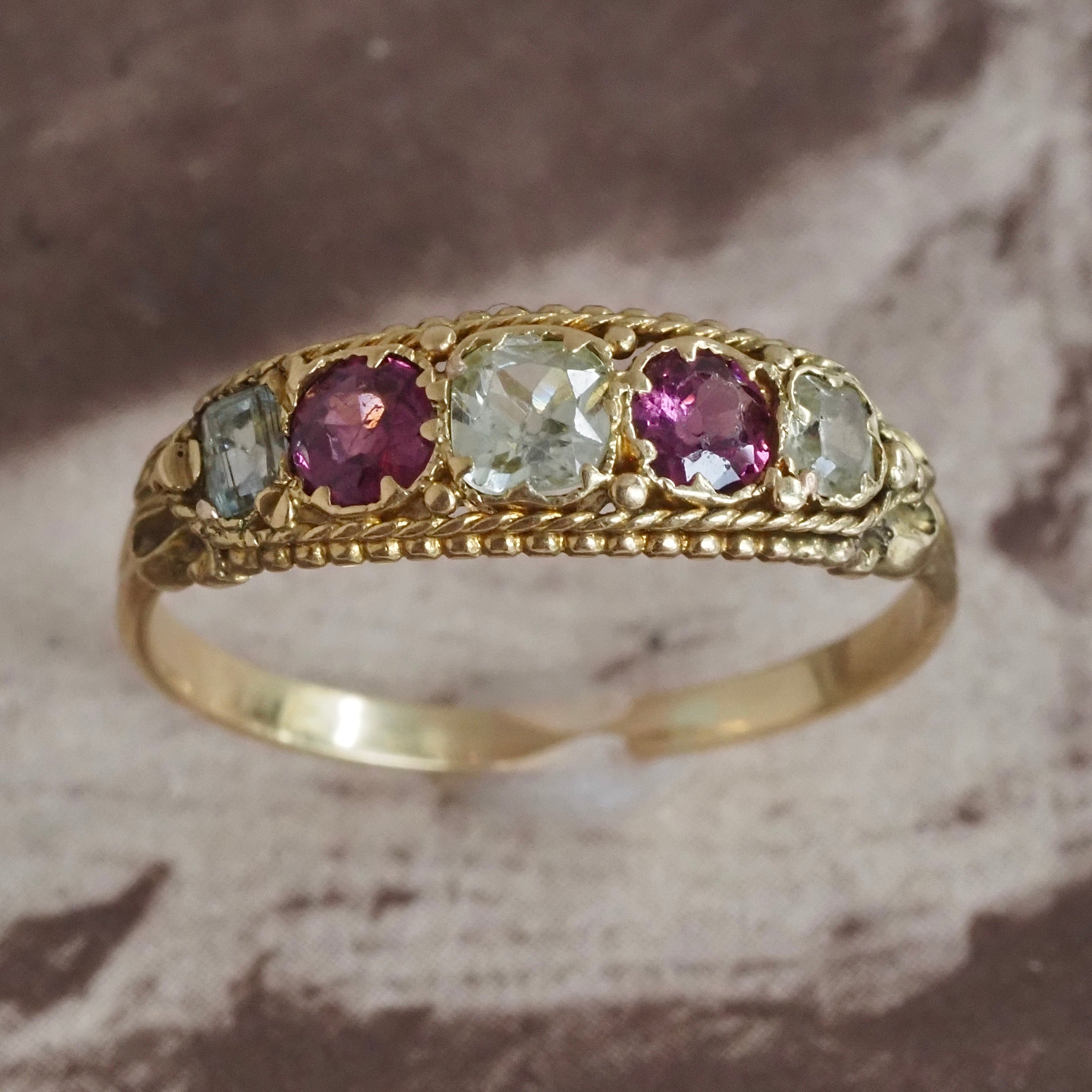 Antique Victorian Five Stone Chrysoberyl Garnet Emerald 18k Gold Ring