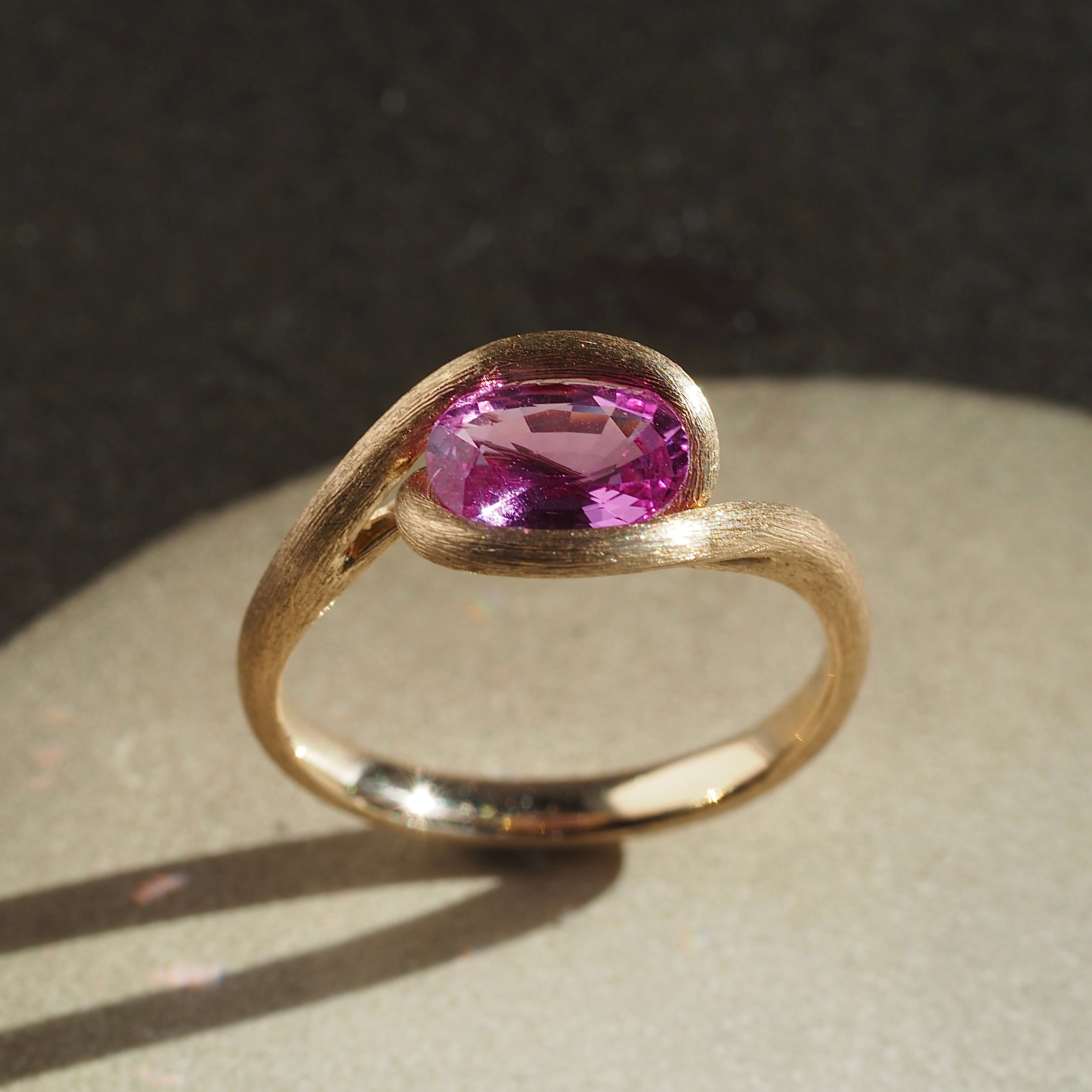 Natural Pink Sapphire Brushed 14k Gold Ring