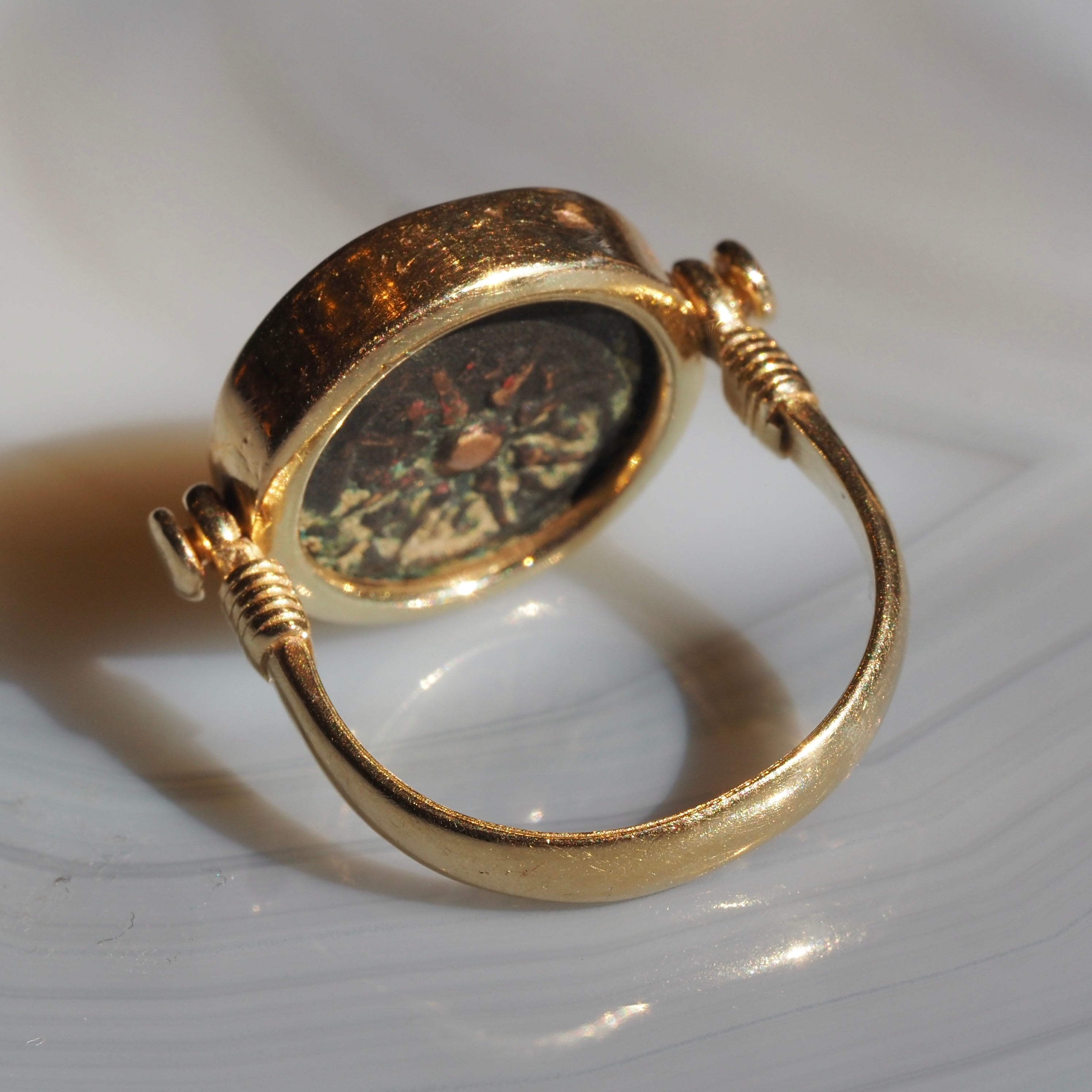 Ancient Roman Widow's Mite Coin Set in Vintage 14k Gold Flip Ring