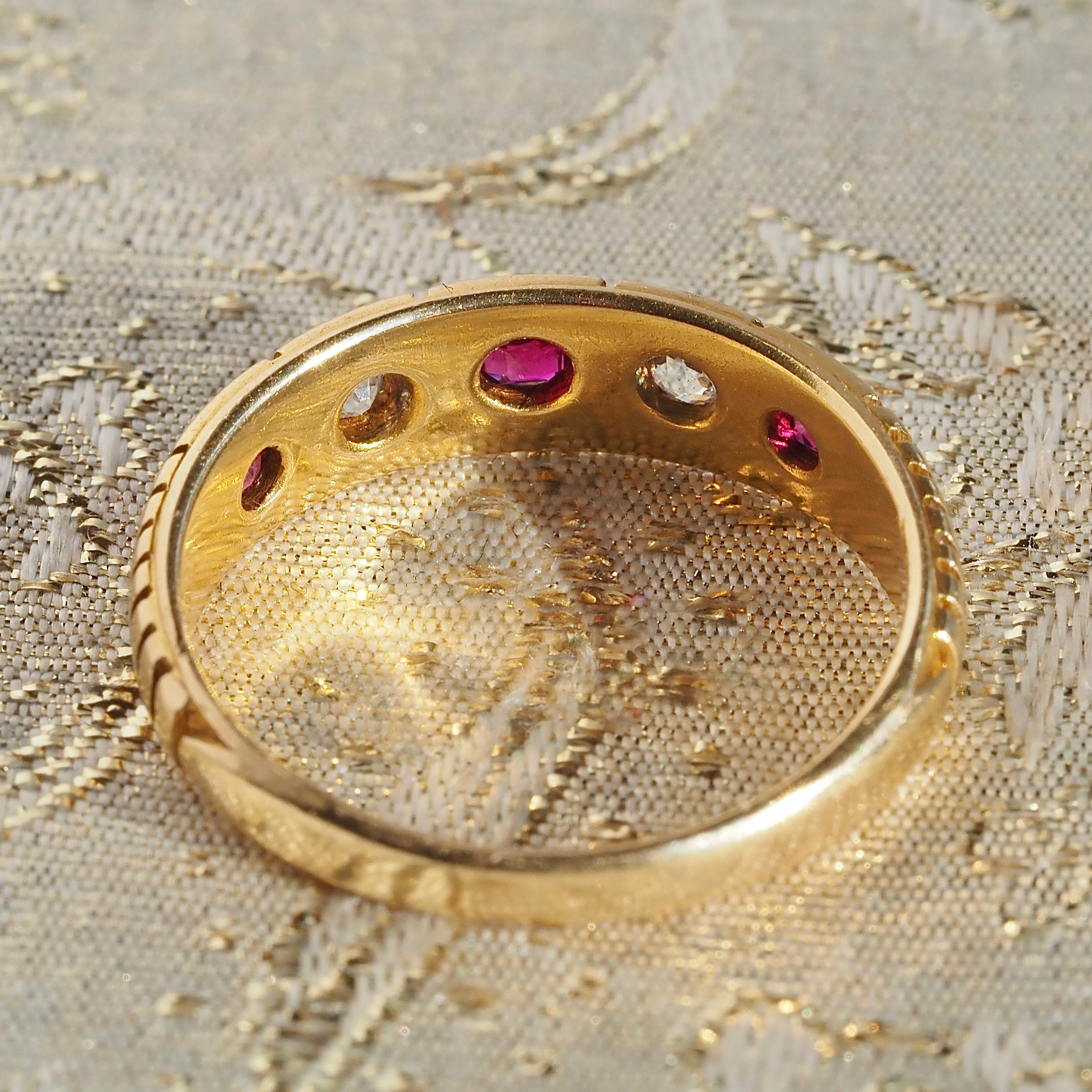 Antique Old Mine Cut Diamond and Ruby 18k Gold Five Stone Ring