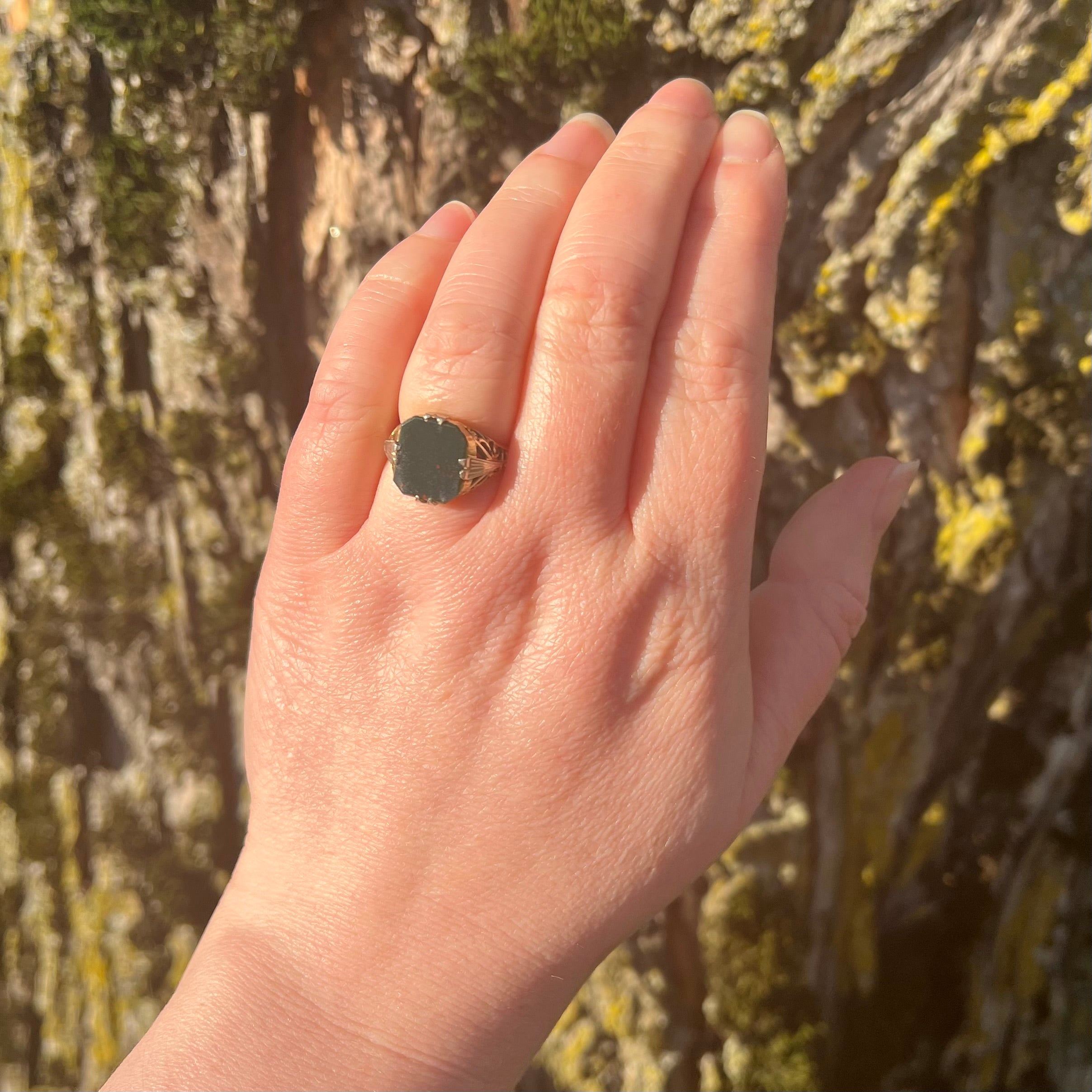 Antique Bloodstone 14k Gold Two-Tone Filigree Ring