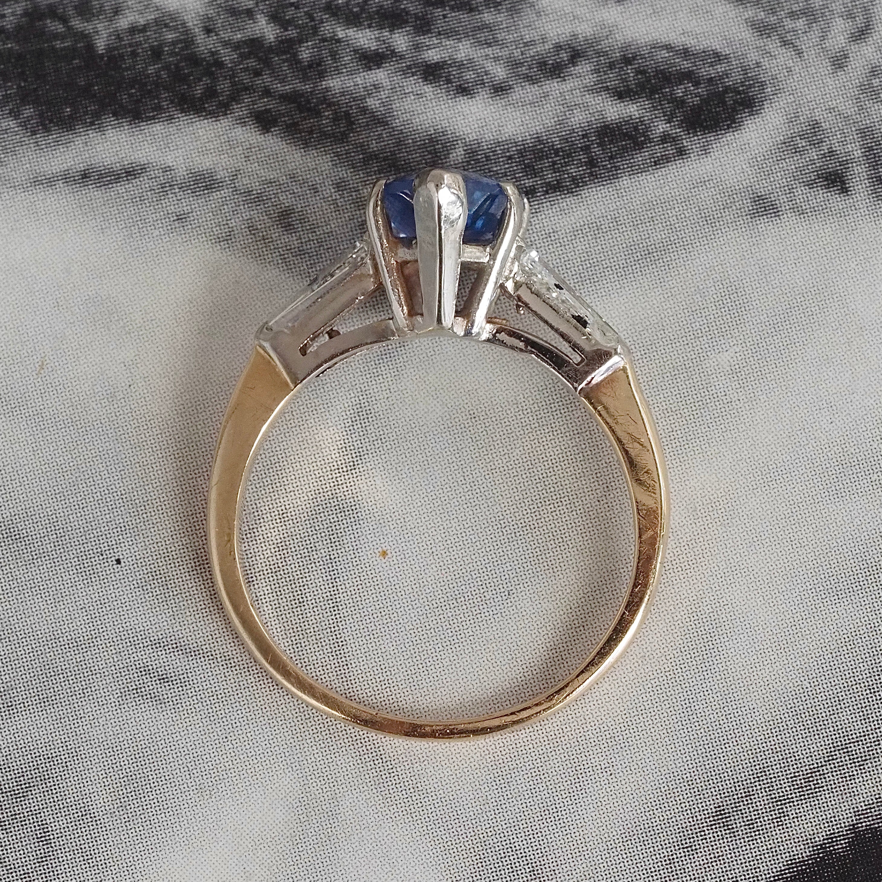 Vintage Pear Sapphire and Tapered Baguette Diamond 14k Gold Ring