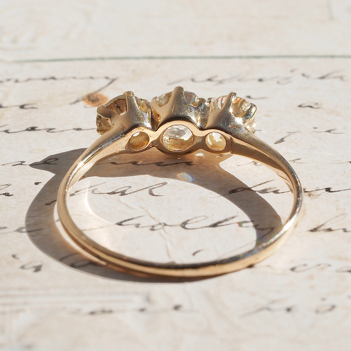 Antique Trilogy Old Mine Cut Diamond 14k Gold Engagement Ring