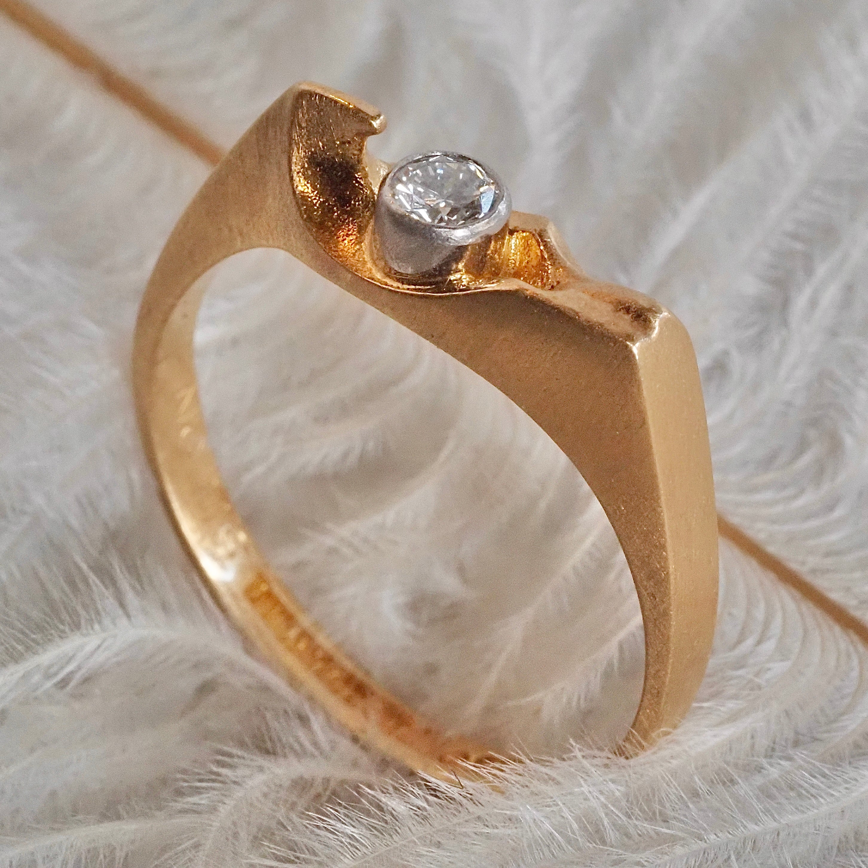 Vintage Finnish 18k Gold Bezel Set Diamond Ring by Björn Weckström for Lapponia