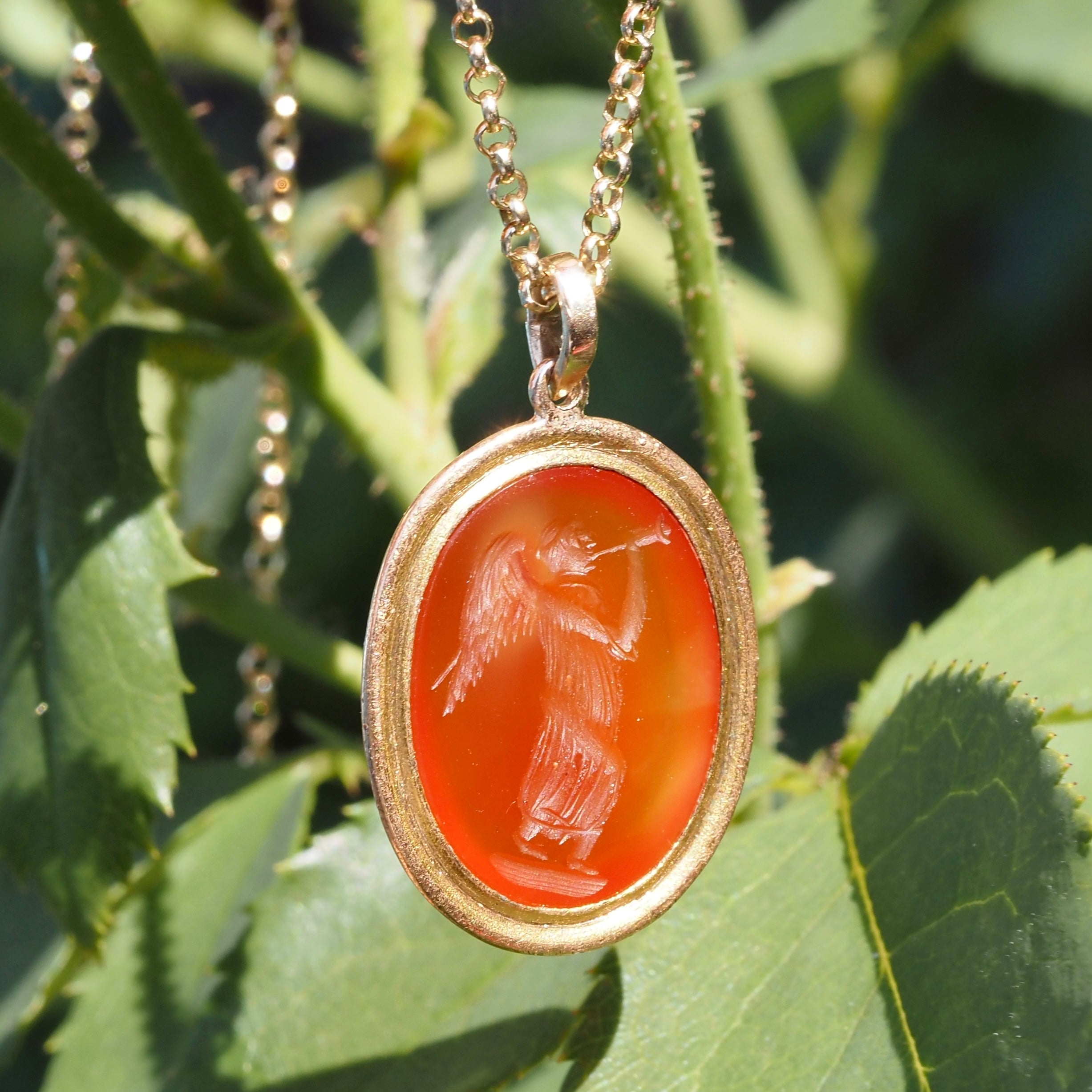 Antique Carnelian Angel Gabriel Intaglio Pendant with Vintage English 9k Gold Chain