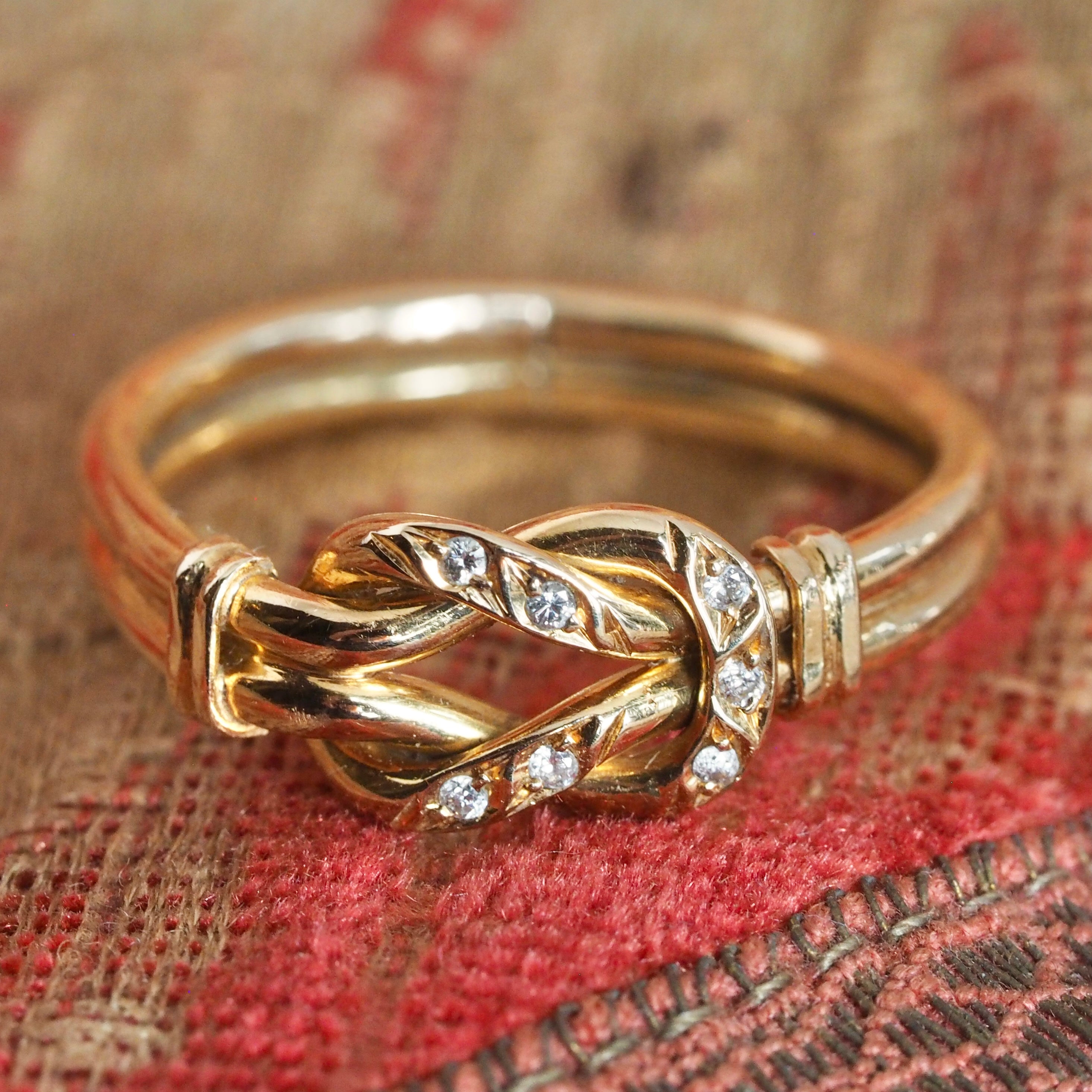 Vintage Portuguese 19k Gold Diamond Double Banded Knot Ring