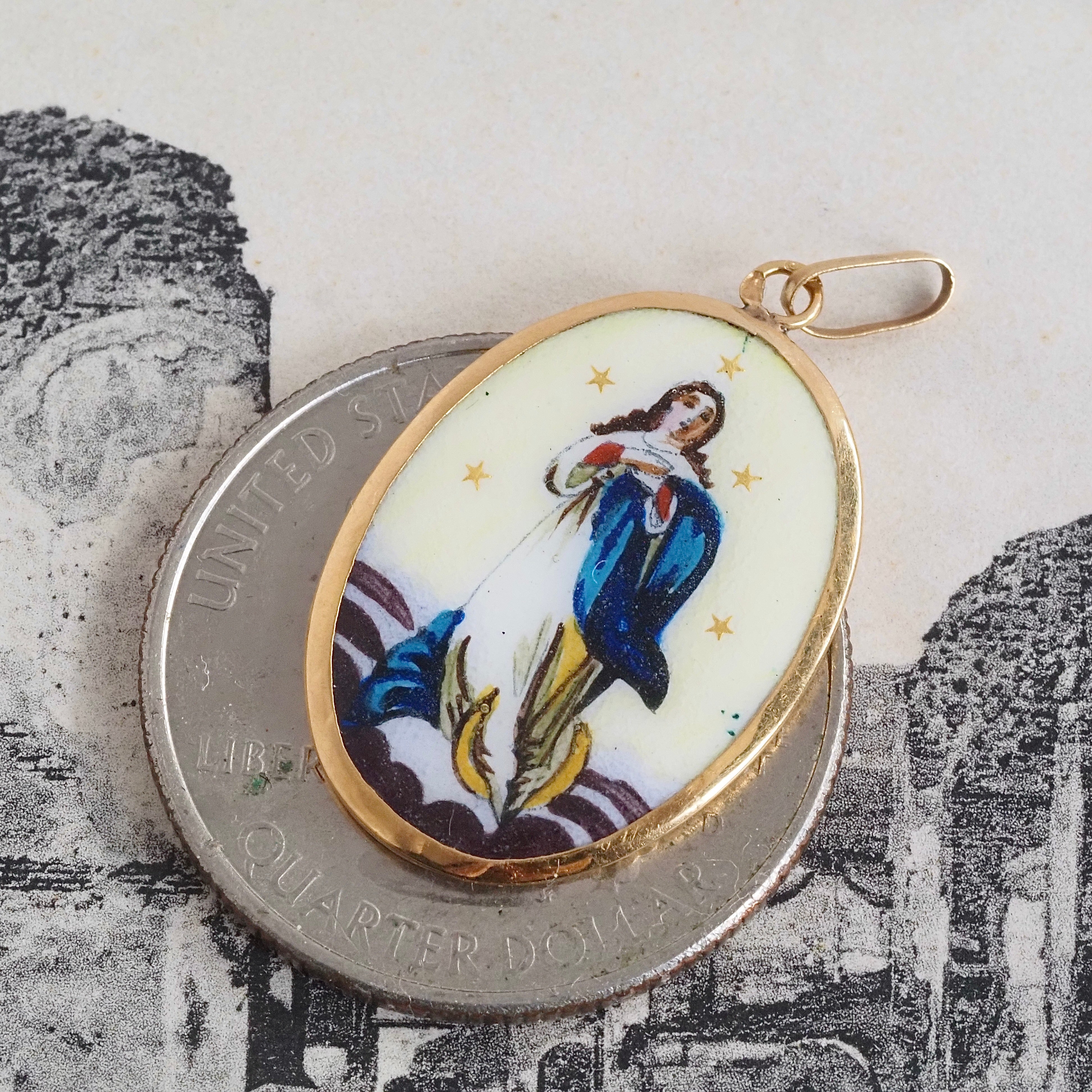 Antique Portuguese 19k Gold and Porcelain Mary Pendant