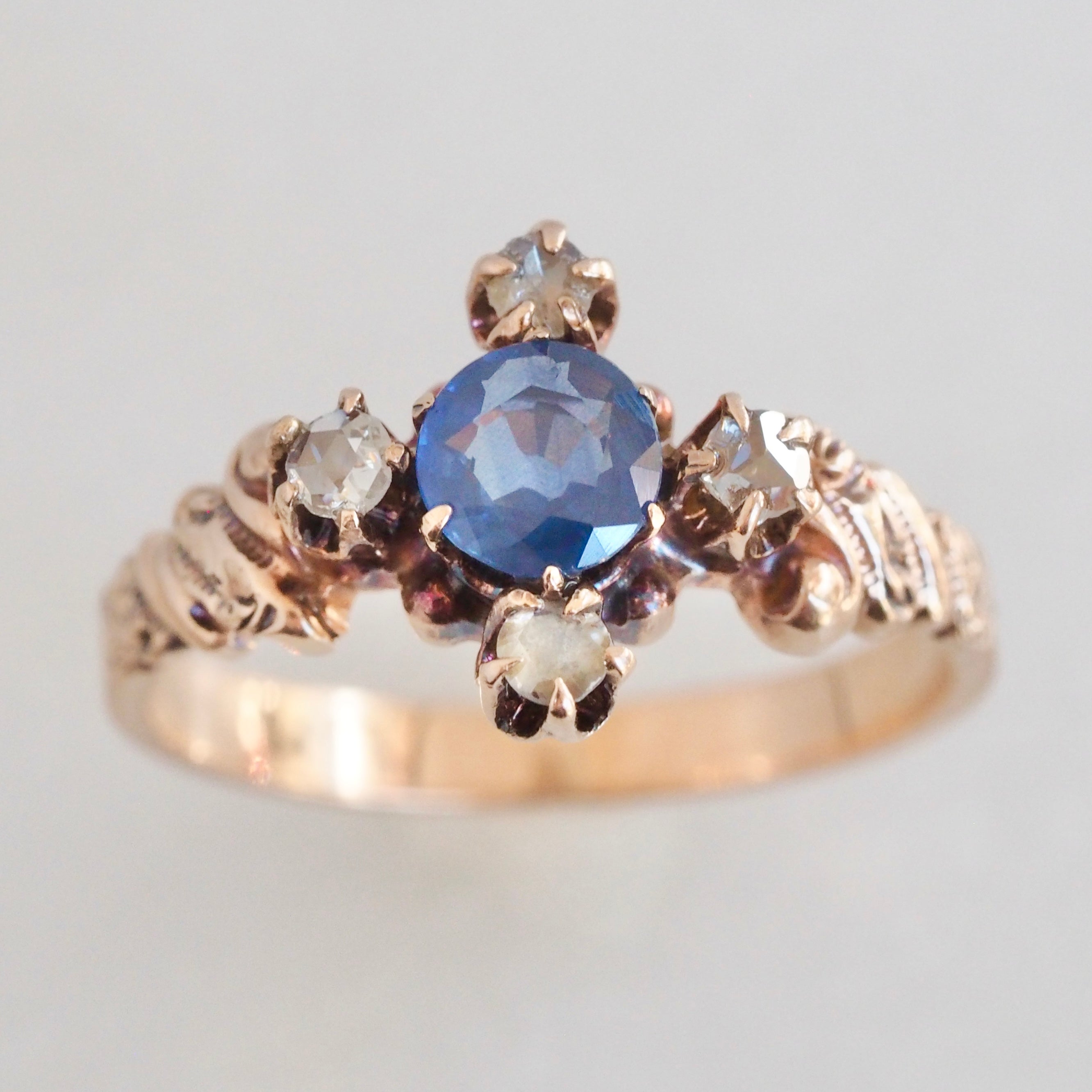 Antique Victorian 10k Gold Sapphire and Rose Cut Diamond Accents Ring