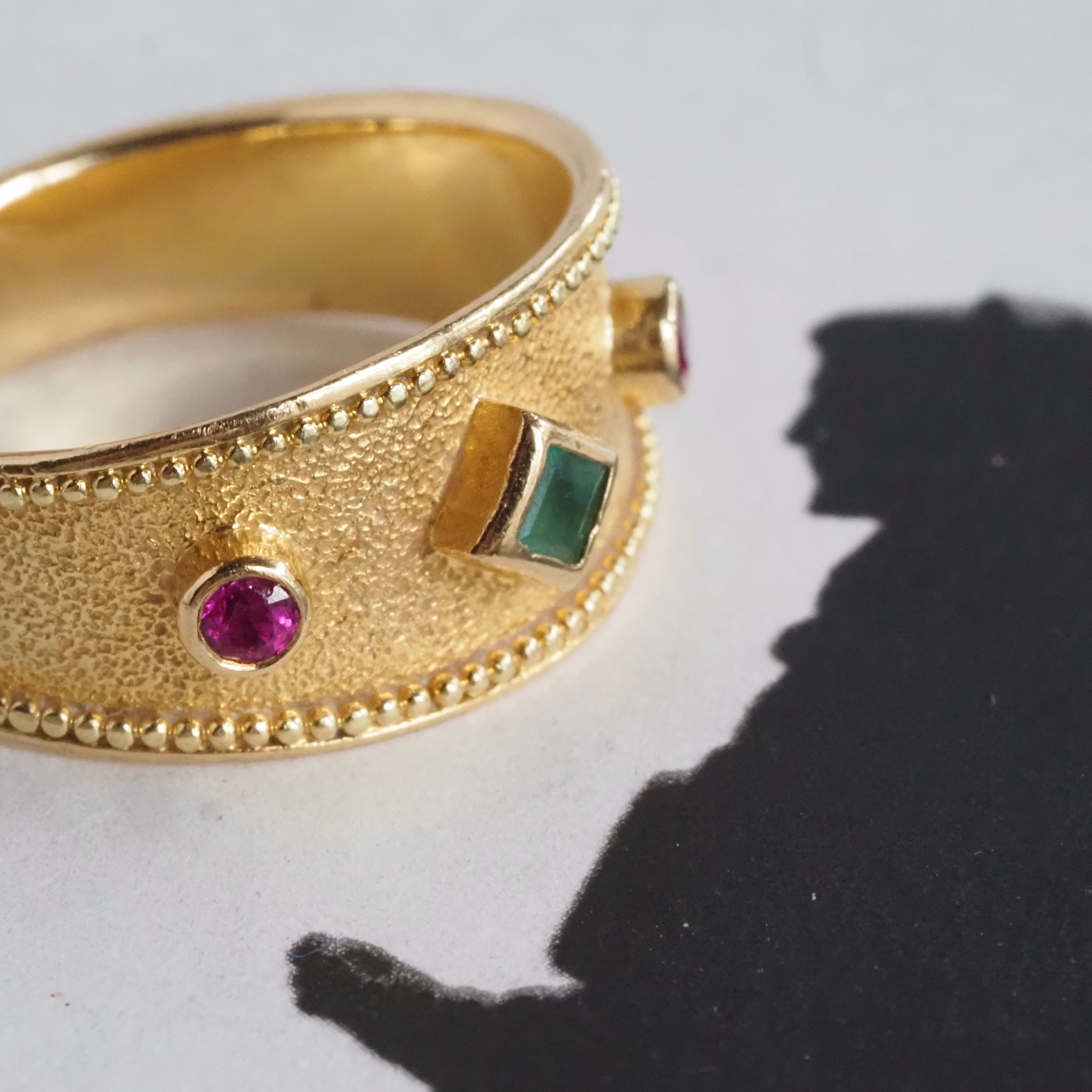 Vintage Ancient Greek Style Ruby and Emerald Tapered Band