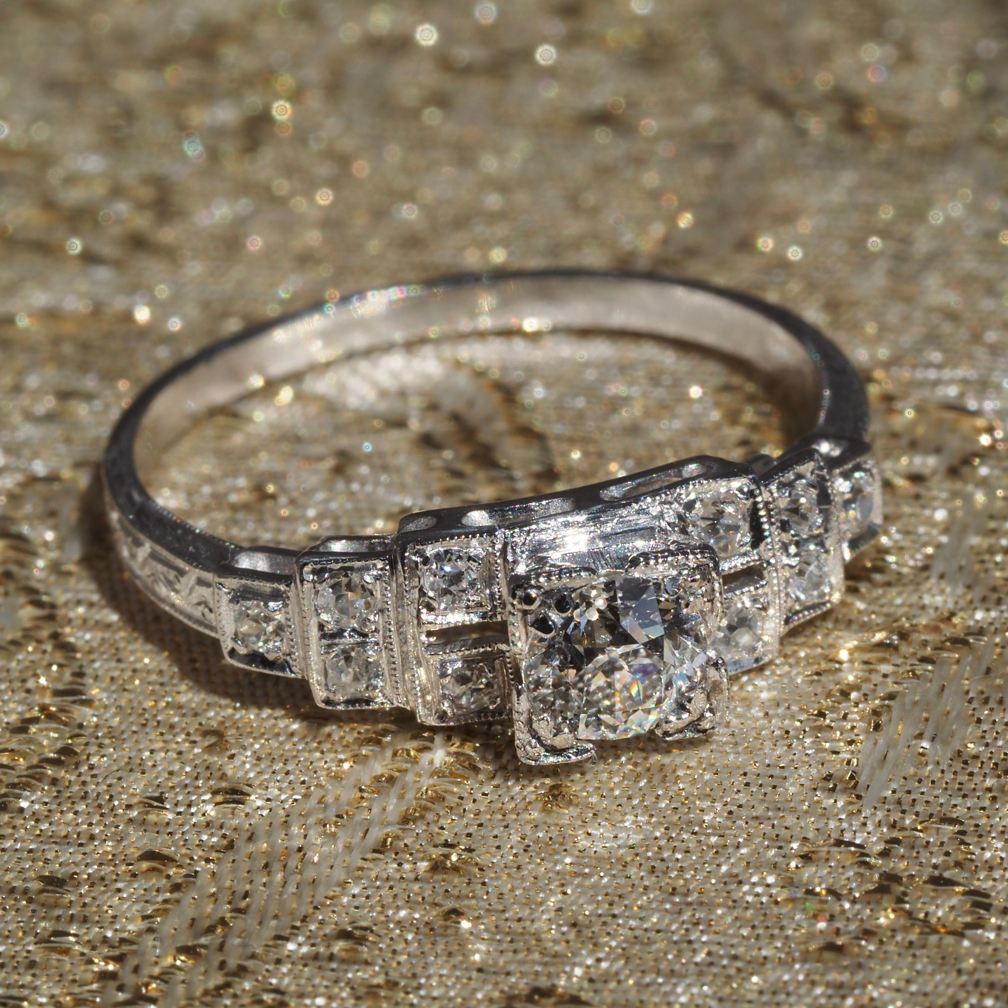 Art Deco Platinum Step Old European Cut Diamond Engagement Ring