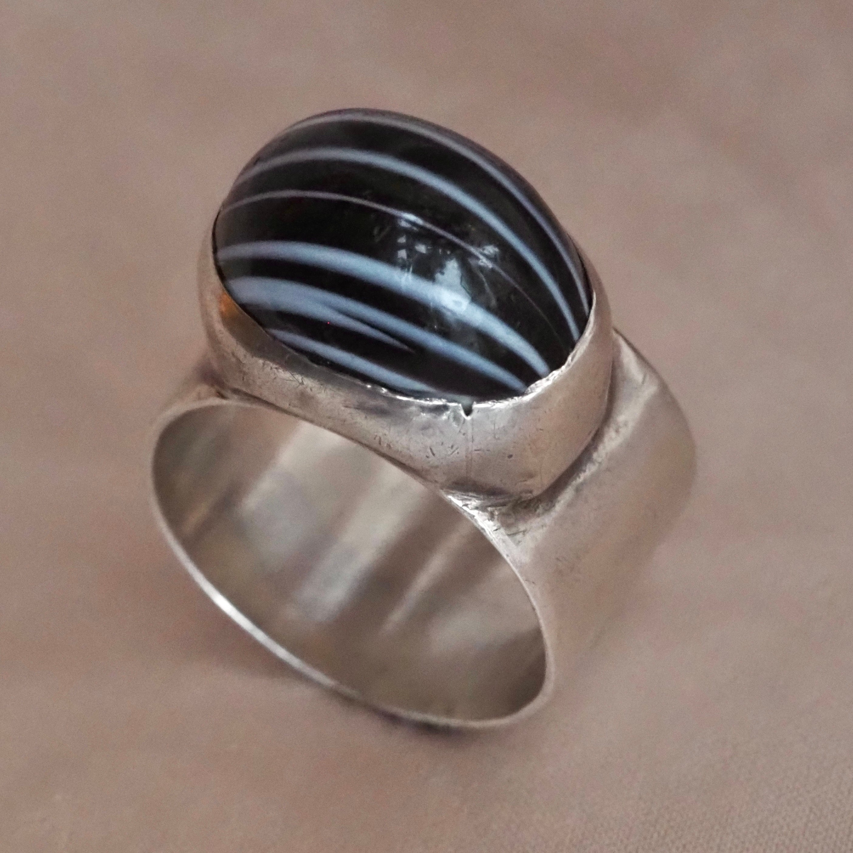 Vintage Sterling Silver Banded Agate Wide Band